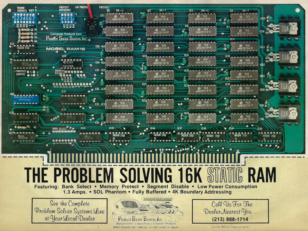 A 16K static RAM S-100 plug-in memory card, built by Problem Solver Systems, Inc. Each of the 32 Hitachi HM472114 chips on the board stored 1024 x 4 bits, i.e. 512 bytes. From Byte, January 1978