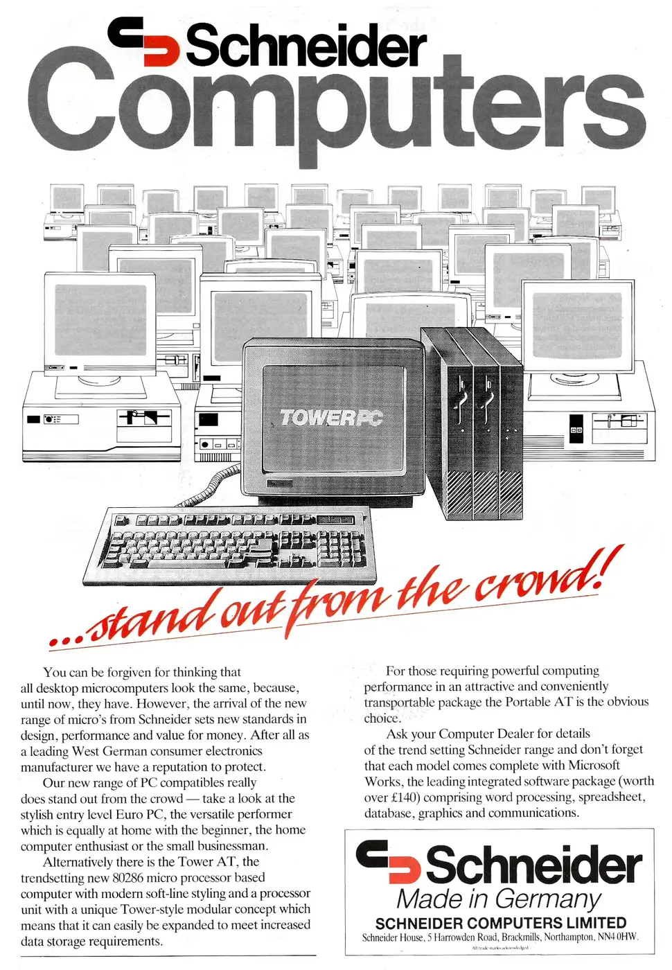 Schneider Advert: Schneider Computers... Stand out from the crowd!, from Personal Computer World, January 1989