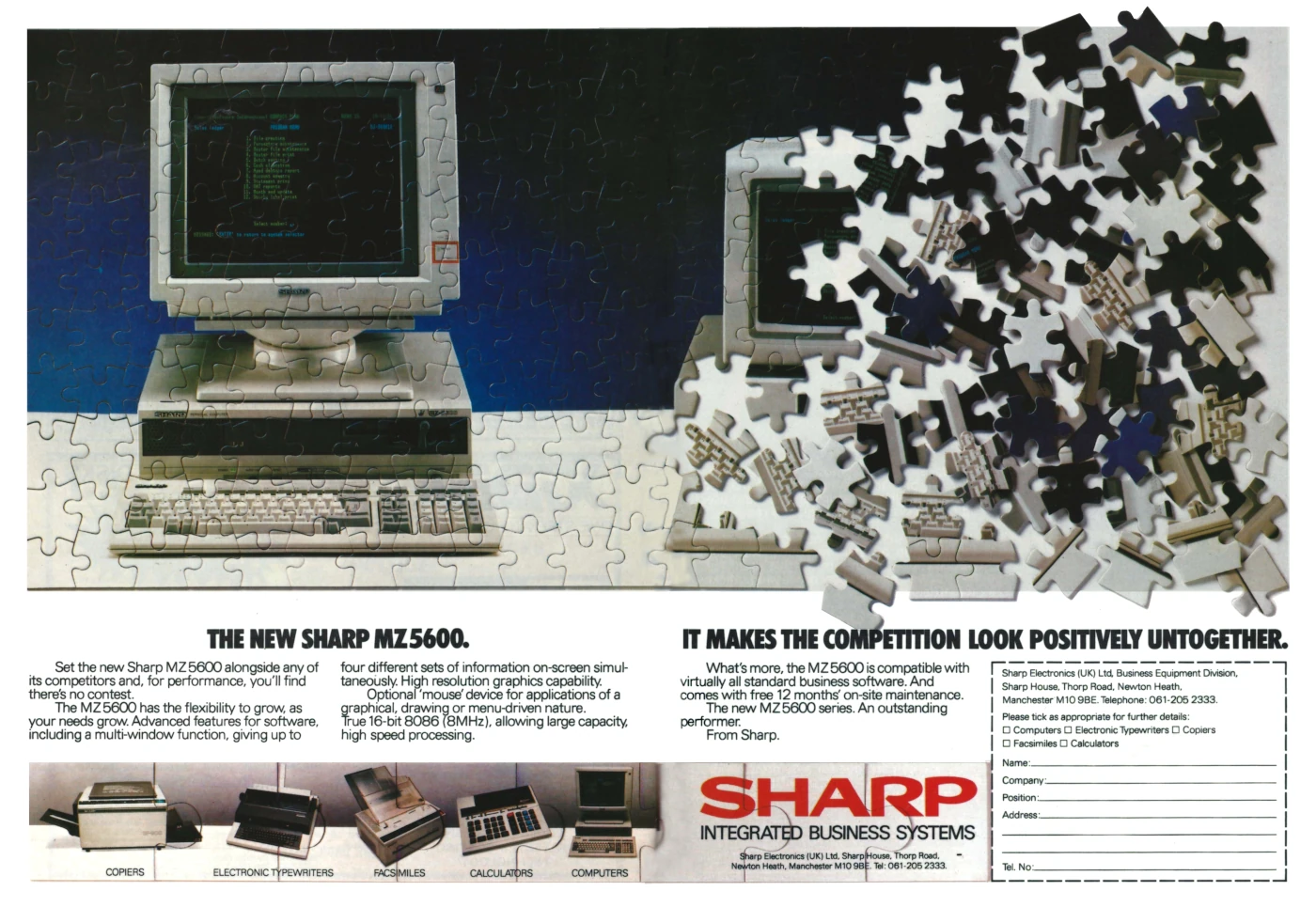 Sharp Advert: The new Sharp MZ5600. It makes the competition look positively untogether., from Personal Computer World, March 1985