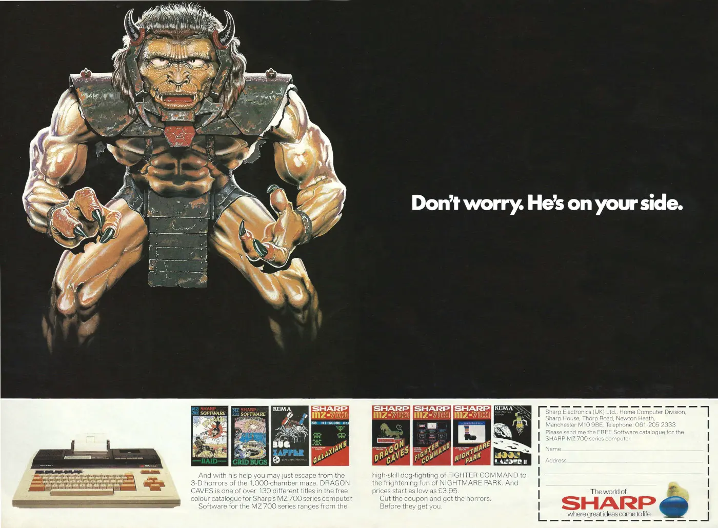 Sharp Advert: Don't worry. He's on your side, from Your Computer, September 1984