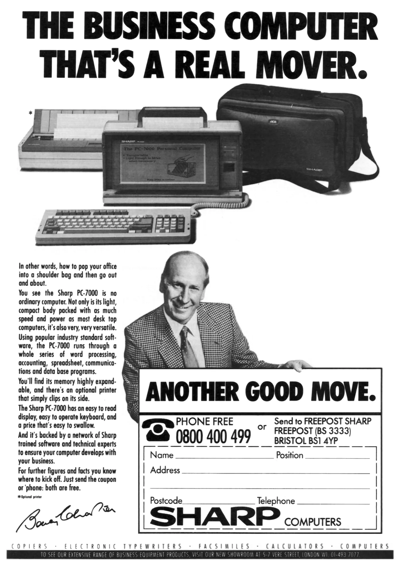 Sharp Advert: The business computer that's a real mover, from Personal Computer World, August 1986