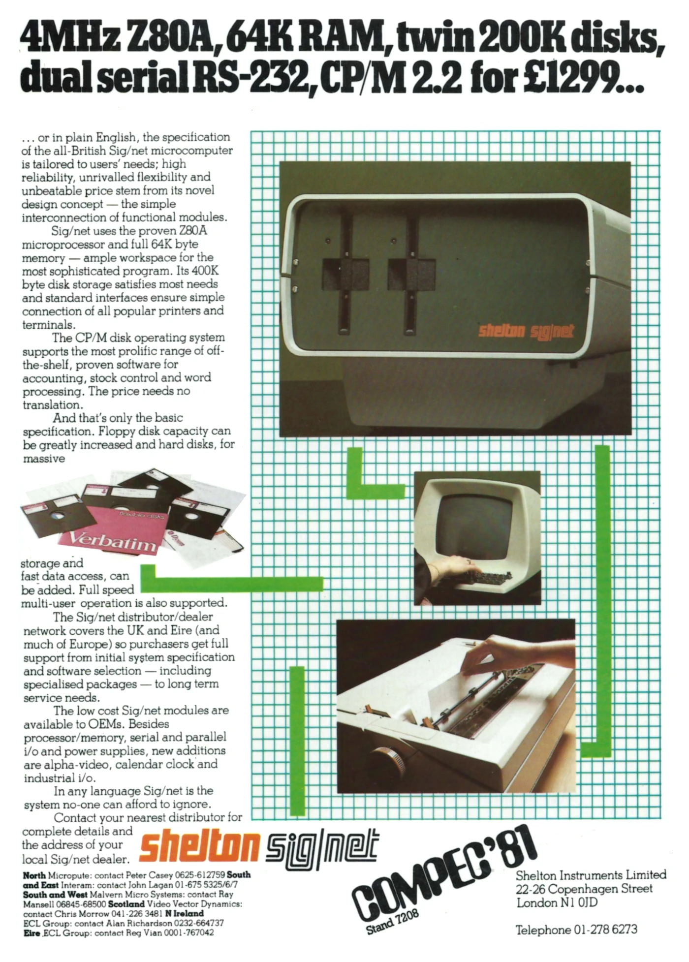 Shelton Advert: 4MHz Z80A, 64K RAM, twin 200K disks for £1299, from Practical Computing, December 1981