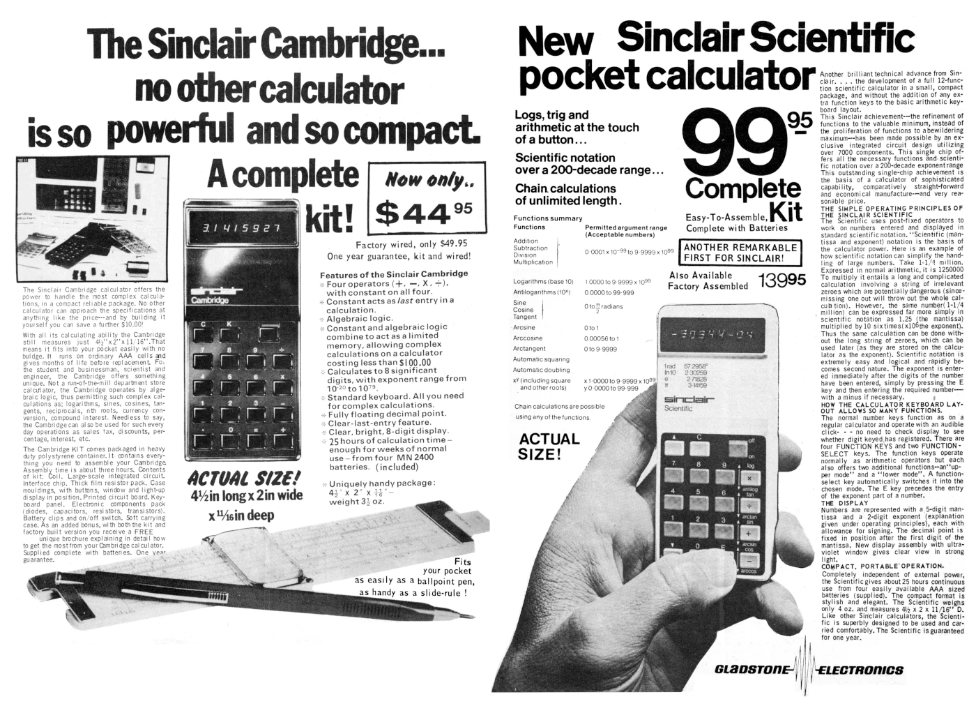 Sinclair Advert: The Sinclair Cambridge - no other calculator is so powerful and so compact, from Gladstone Electronics, December 1974