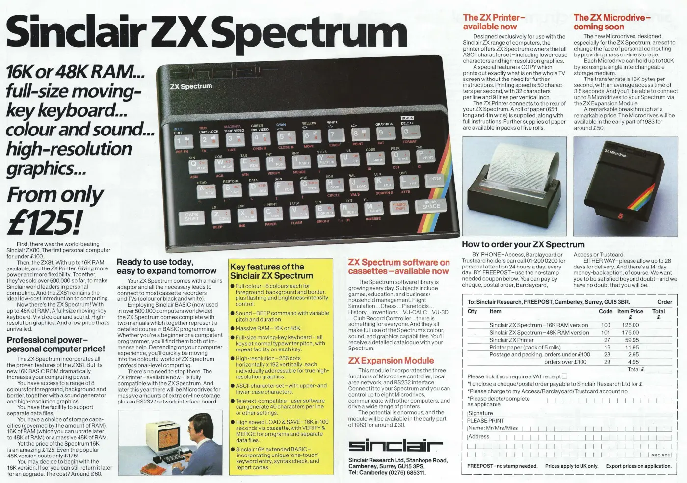 Sinclair Advert: Sinclair ZX Spectrum: Colour and sound... High Resolution graphics... from only £125!, from Practical Computing, November 1982