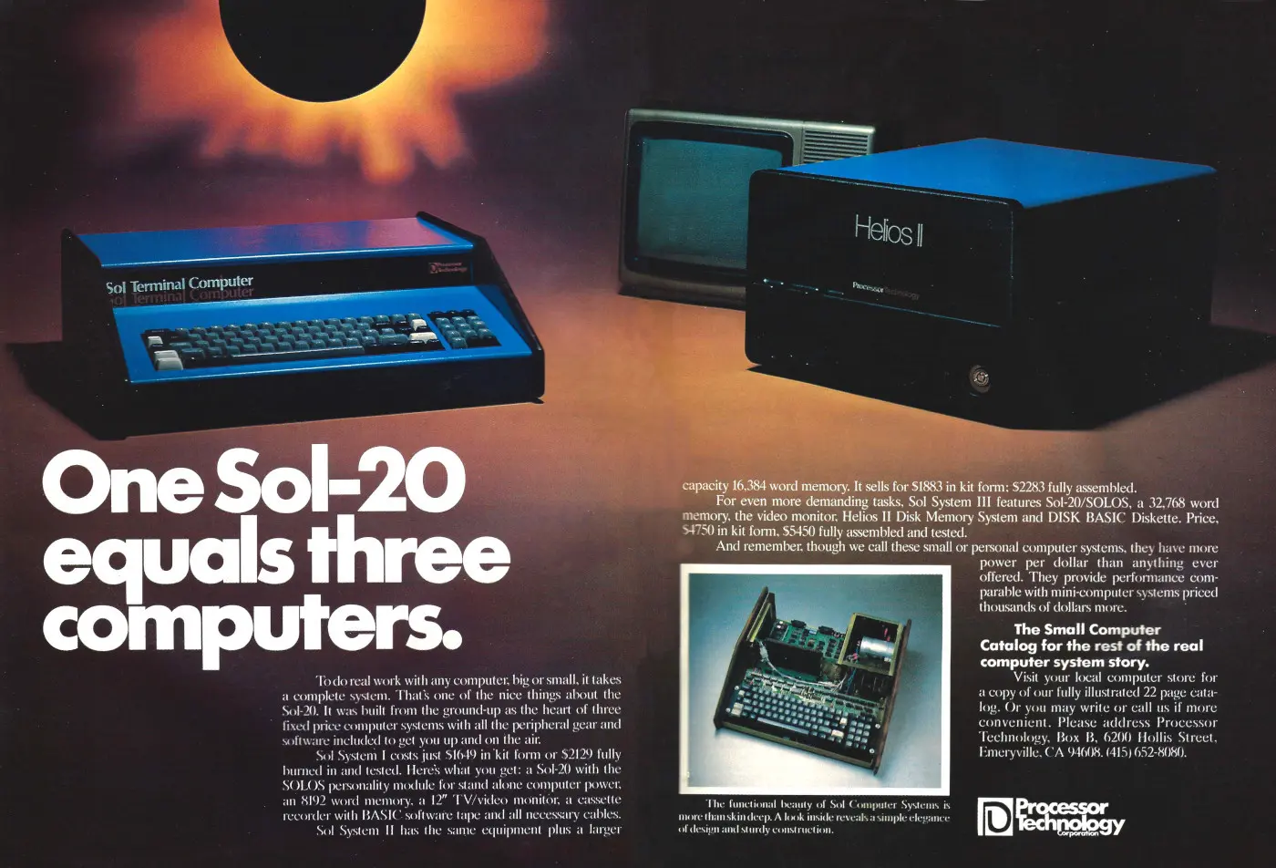 Processor Technology Advert: One Sol-20 equals three computers., from Byte - The Small Systems Journal, August 1977