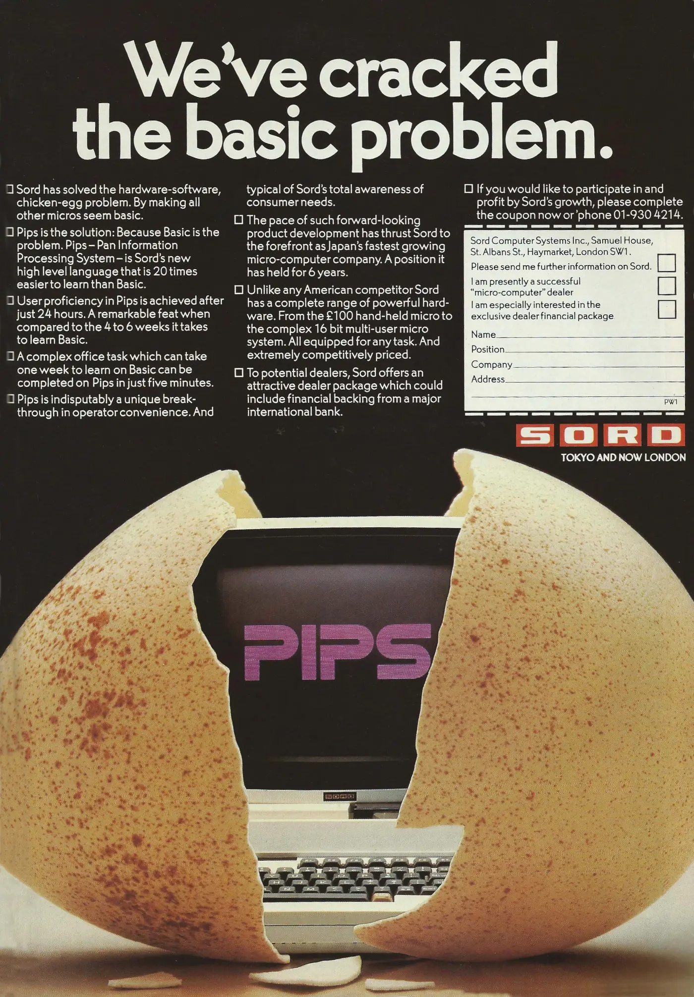 Sord/CGL Advert: PIPS: We've cracked the BASIC problem, from Personal Computer World, November 1982