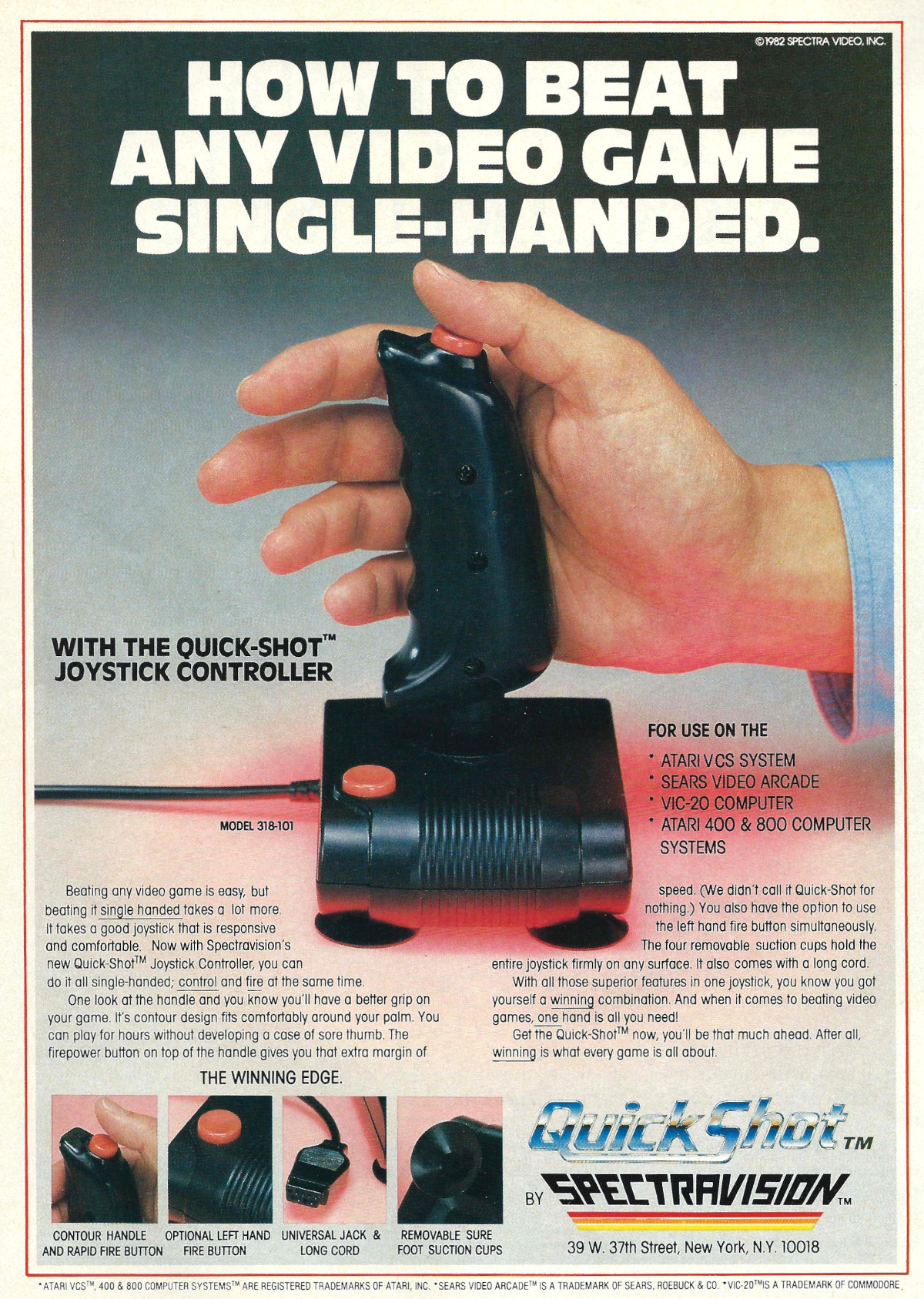 The legendary QuickShot joystick, compatible with the VIC-20 as well as the Atari 2600. From Creative Computing, August 1982
