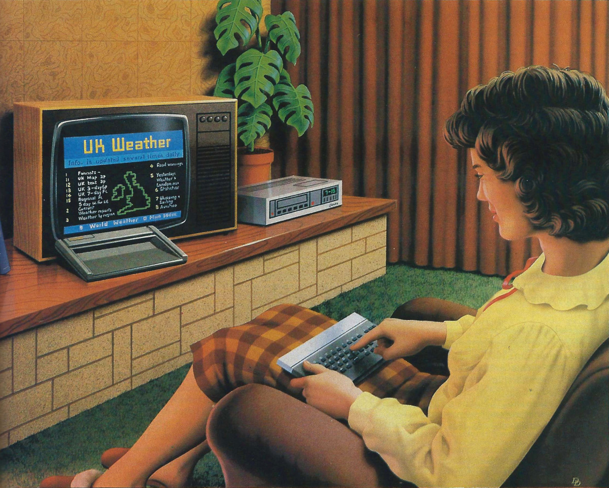 Tandata's TD1<span class='hilite'><span class='hilite'><span class='hilite'>400</span></span></span> Homedeck in action, in an artist's impression from Personal Computer World, March 1984