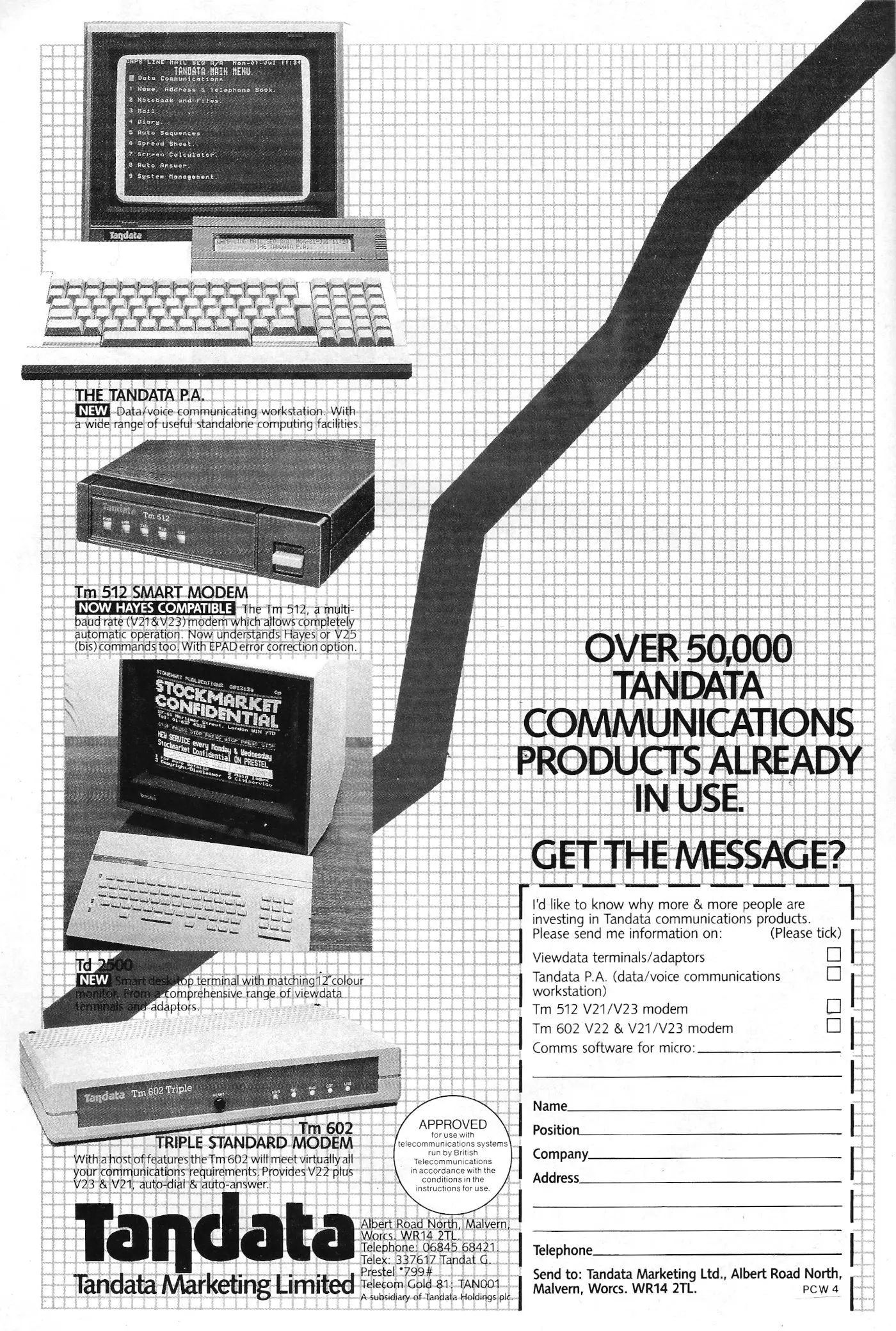 Tandata Advert: The Tandata PA - Data/voice communicating workstation, from Personal Computer World, March 1986