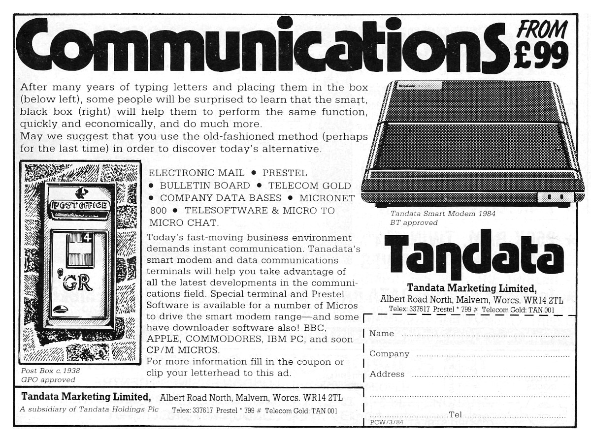 Tandata's Smart Modem, possibly either an artists impression, or its first model, as there's no model number. From Personal Computer World, March 1984