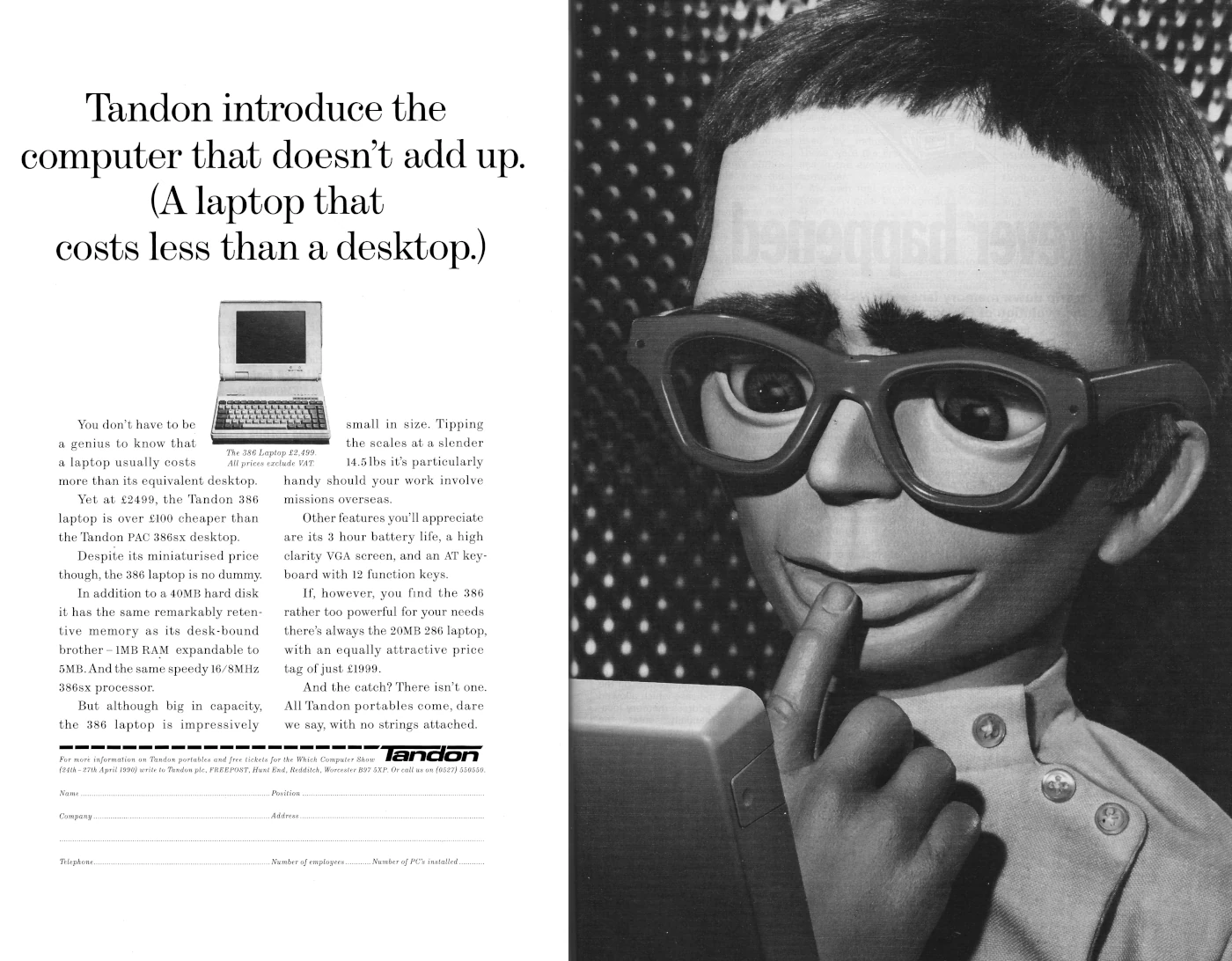 Tandon Advert: Tandon introduces the computer that doesn't add up, from Personal Computer World, April 1990
