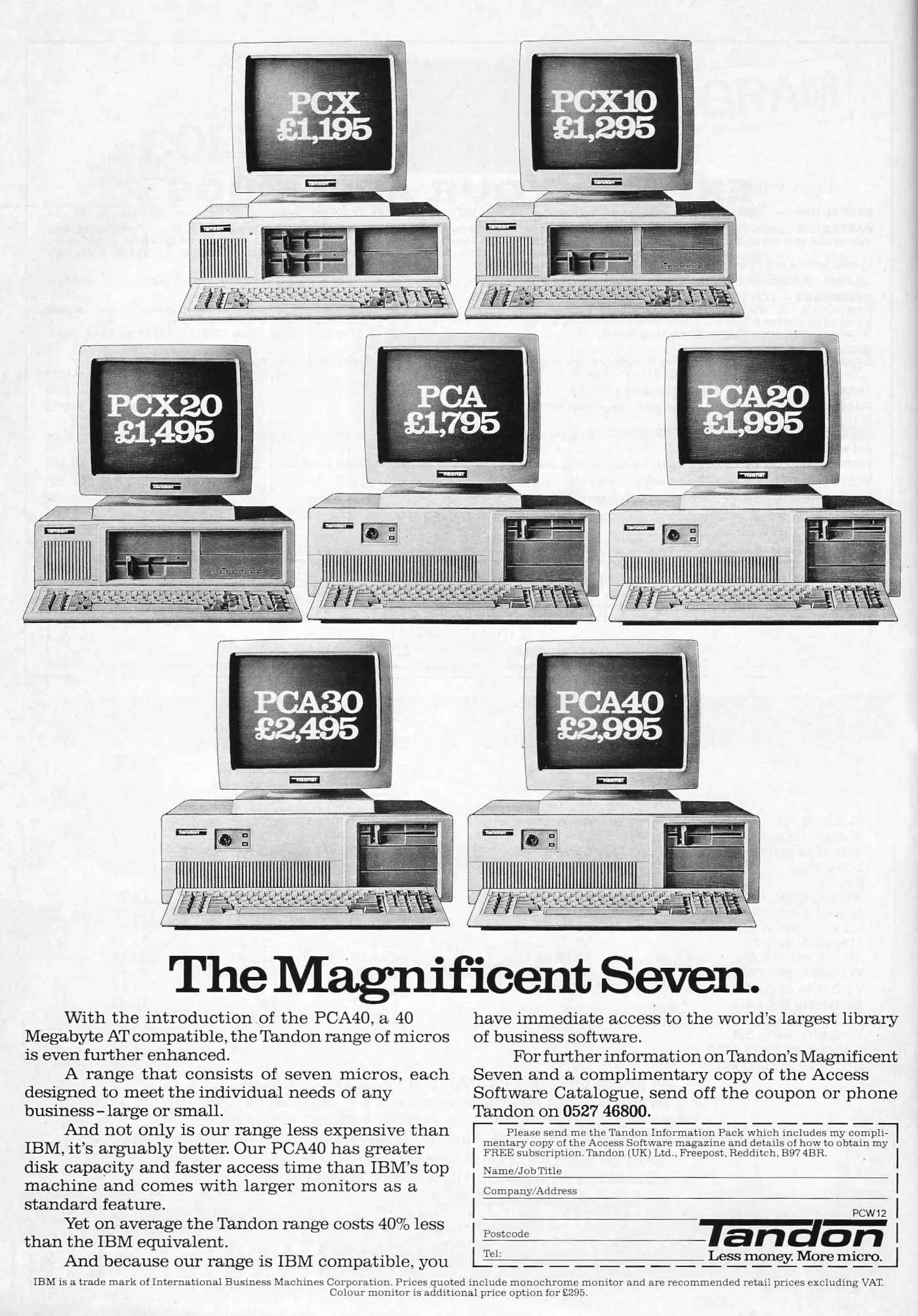 Tandon Advert: Tandon: The Magnifient Seven, from Personal Computer World, December 1986