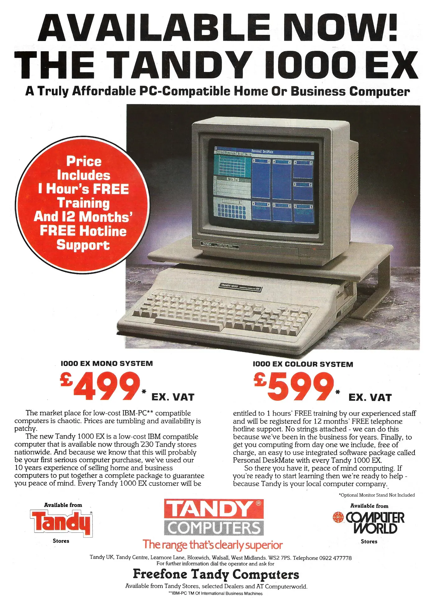 Tandy/Radio Shack Advert: Available now! The Tandy 1000<span class='hilite'>EX</span>, from Practical Computing, April 1987