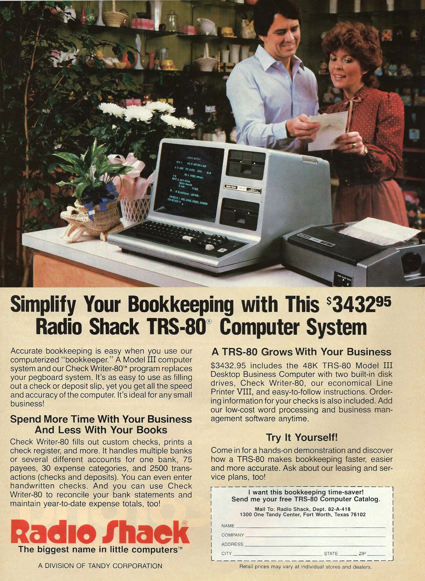 Tandy/Radio Shack Advert: Simplify your bookkeeping with this $3432 Radio Shack TRS-80 Computer System, from Personal Computing, May 1982