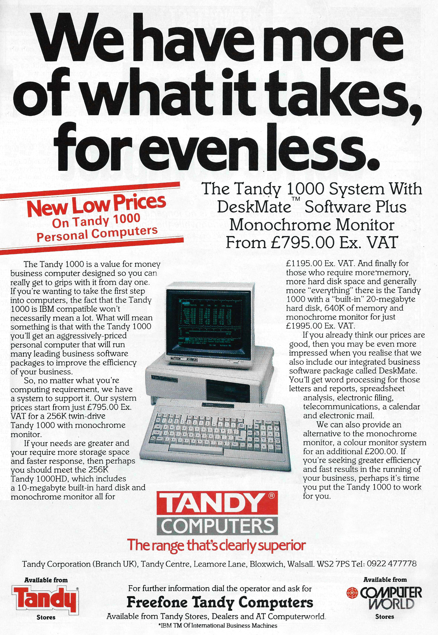 Tandy's original 1000 model. From Personal Computer World, August 1986