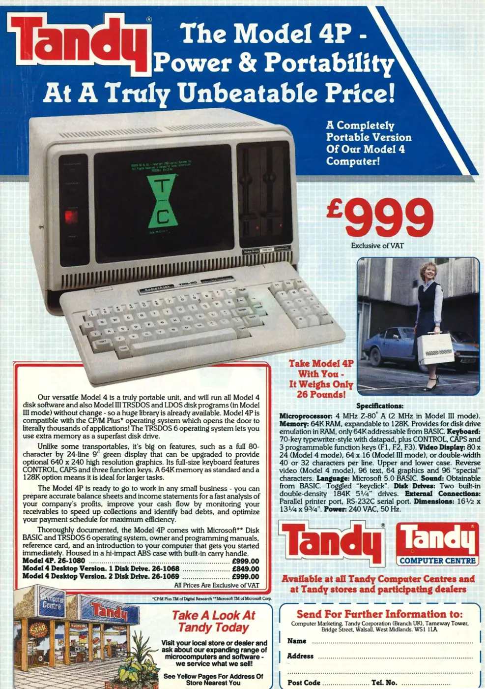 Tandy/Radio Shack Advert: Tandy Model 4P - Power and portability at a truly unbeatable price!, from Personal Computer World, March 1985