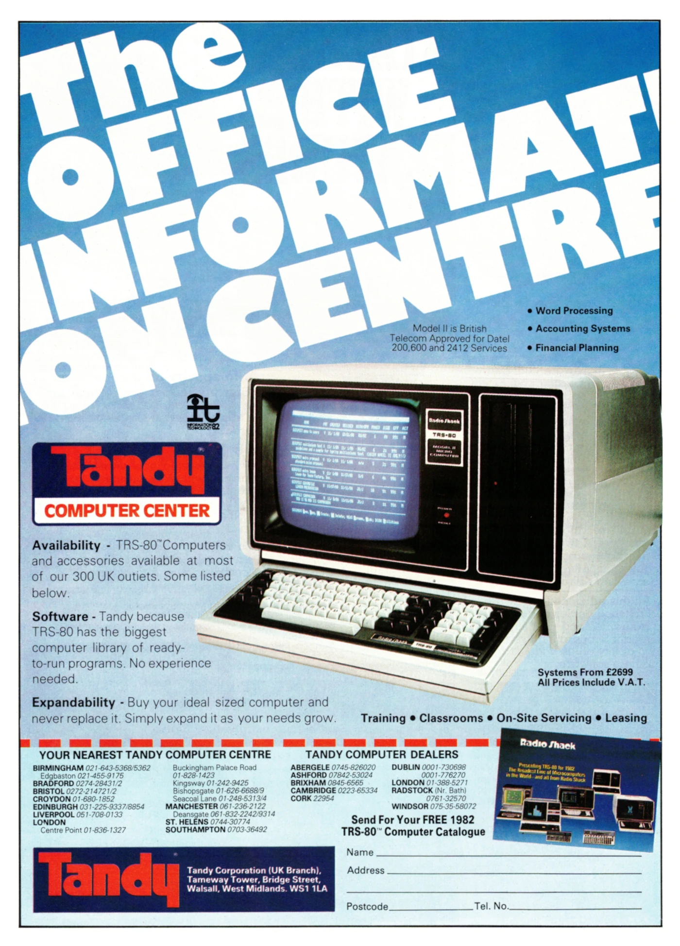 Tandy/Radio Shack Advert: The office information centre, from Practical Computing, October 1982