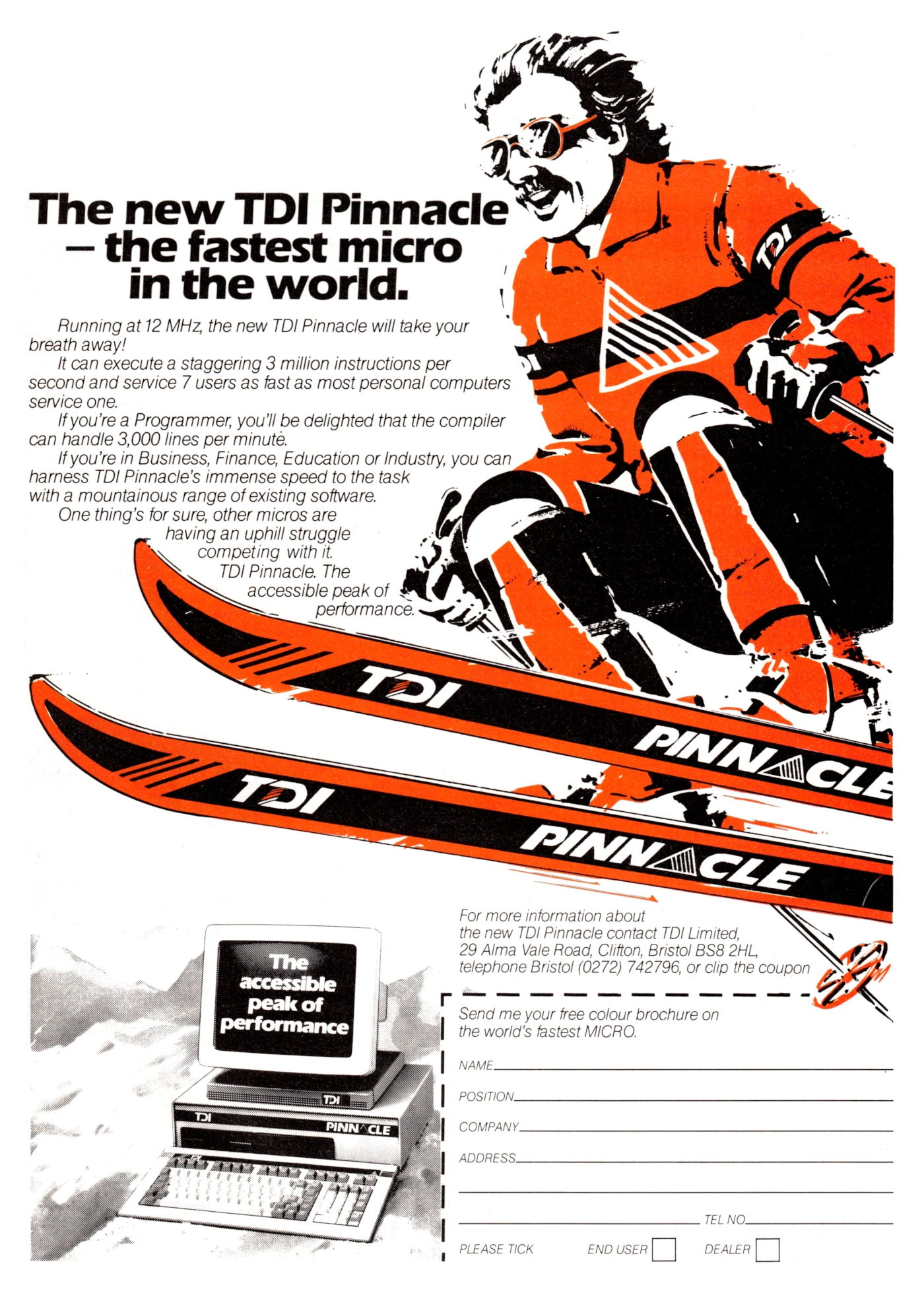 TDI/Pinnacle Advert: The new TDI Pinnacle - the fastest micro in the world, from Practical Computing, April 1985