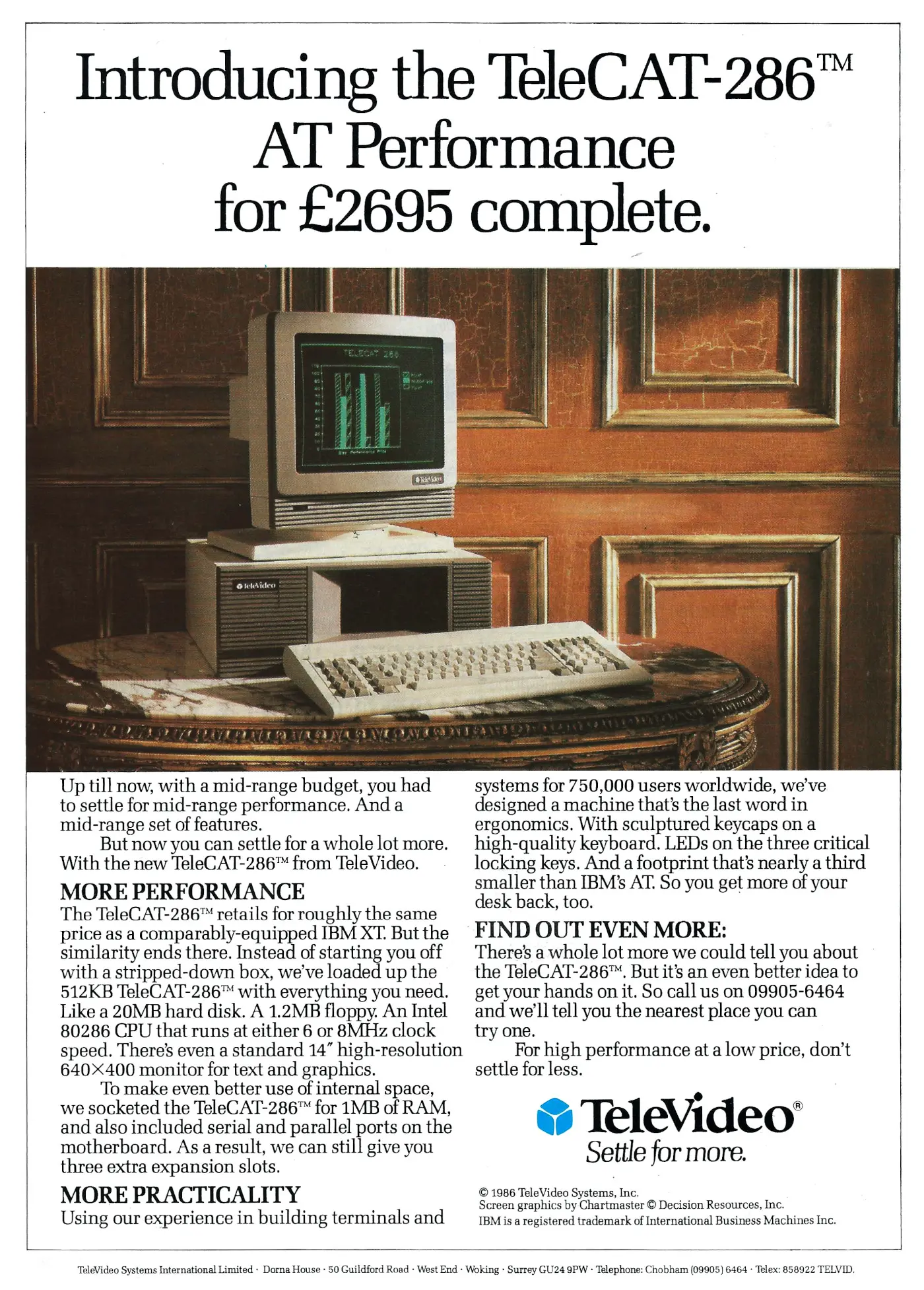 TeleVideo Advert: Introducing the TeleCAT-286. AT performance for £2695 complete., from Practical Computing, August 1986
