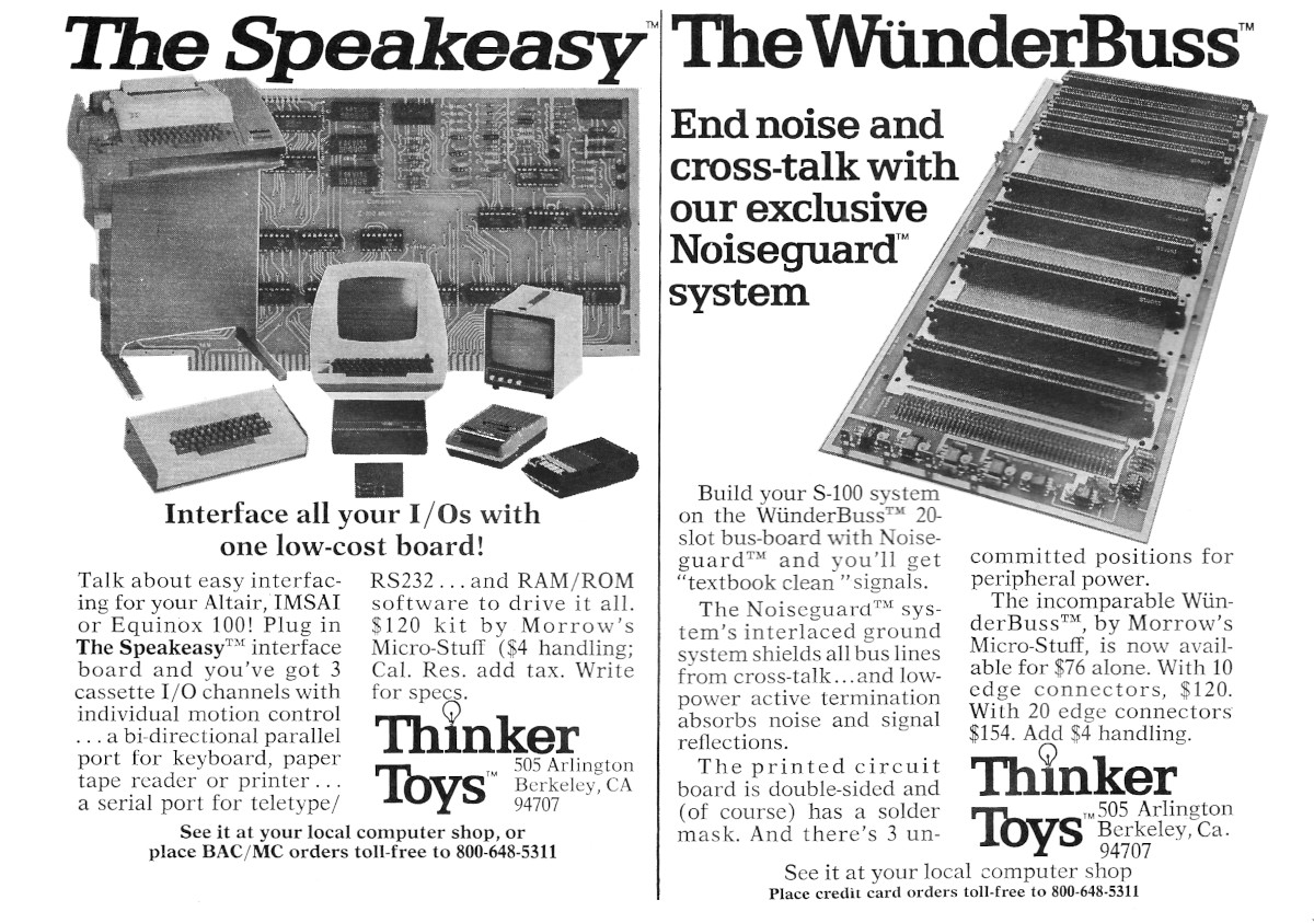 An advert for George Morrow's WünderBuss, from Morrow's Micro-Stuff, and sold via the Thinker Toys brand. From Byte, July 1977