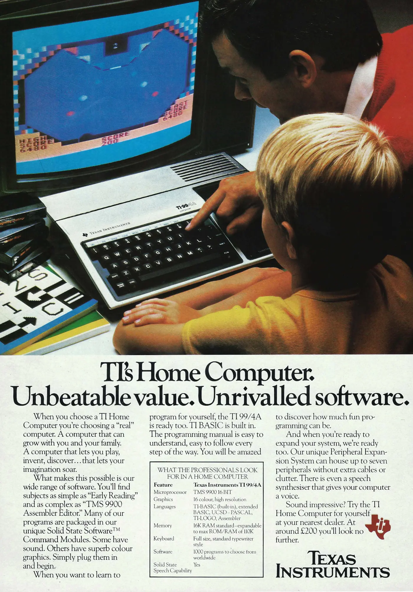 Texas Instruments Advert: TI's Home Computer. Unbeatable value. Unrivalled software., from Personal Computer World, December 1982