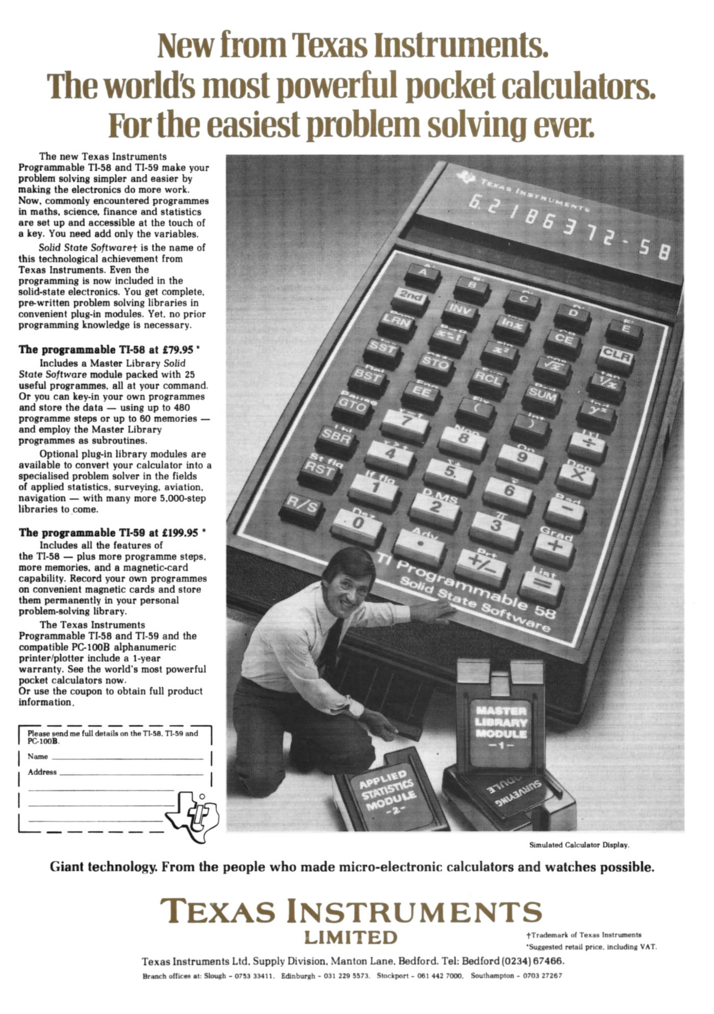 Texas Instruments Advert: New from Texas Instruments. The world's most powerful pocket calculators. For the easiest problem solving ever., from Practical Computing, November 1978