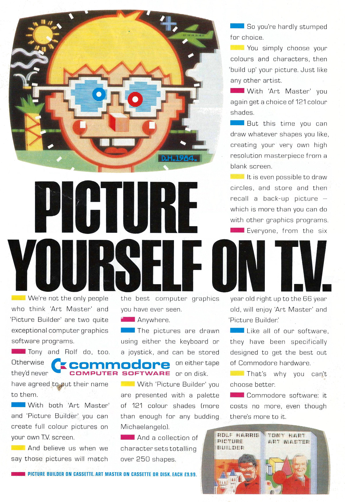 A Commodore Computer Software advert showing <span class='hilite'>Rolf Harris</span>'s Picture Builder and Tony Hart's Art Master. From Commodore Computing International, November 1984