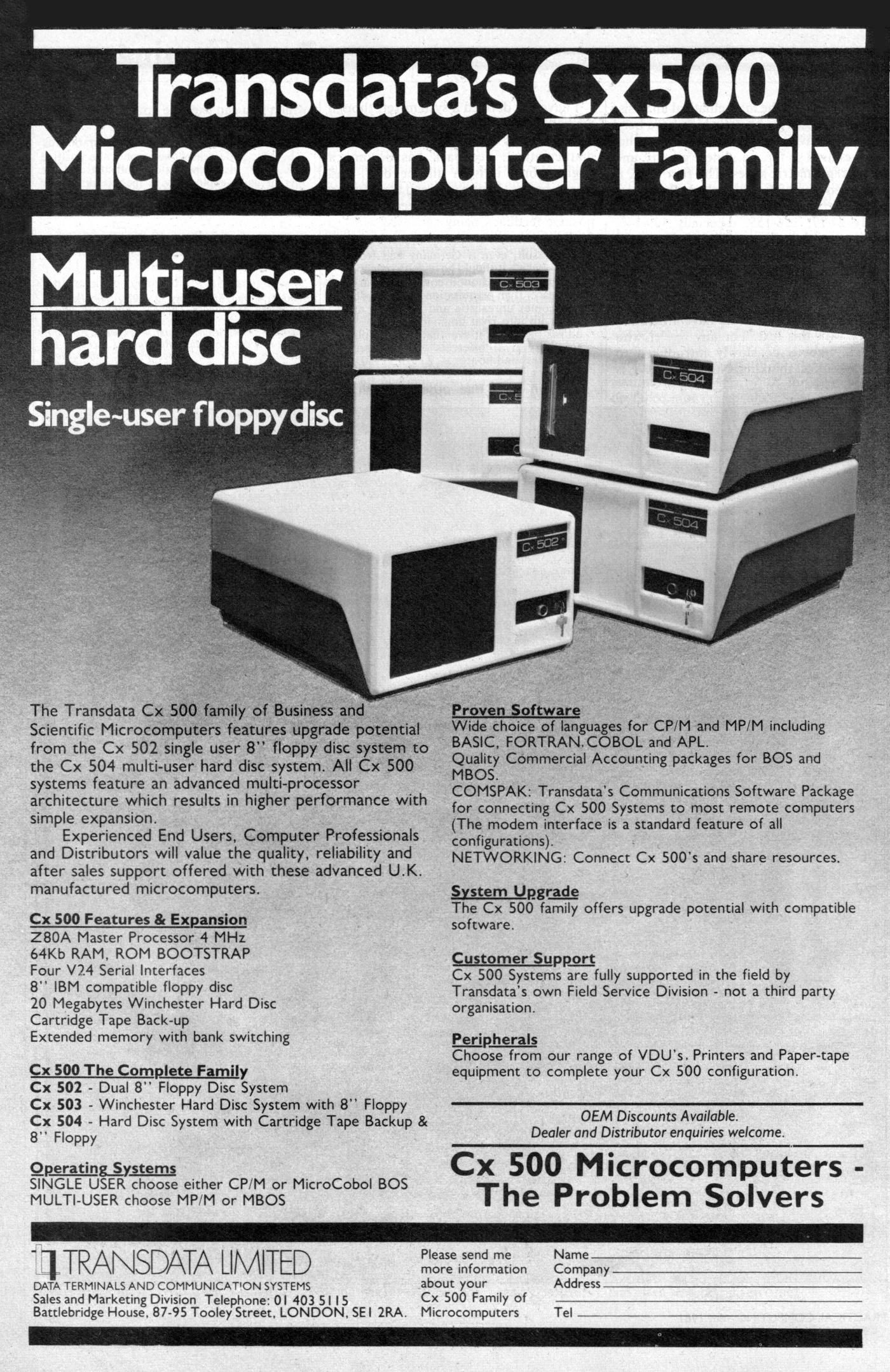 Transdata Advert: Transdata's Cx500 microcomputer family: the problem solvers, from Practical Computing, May 1981
