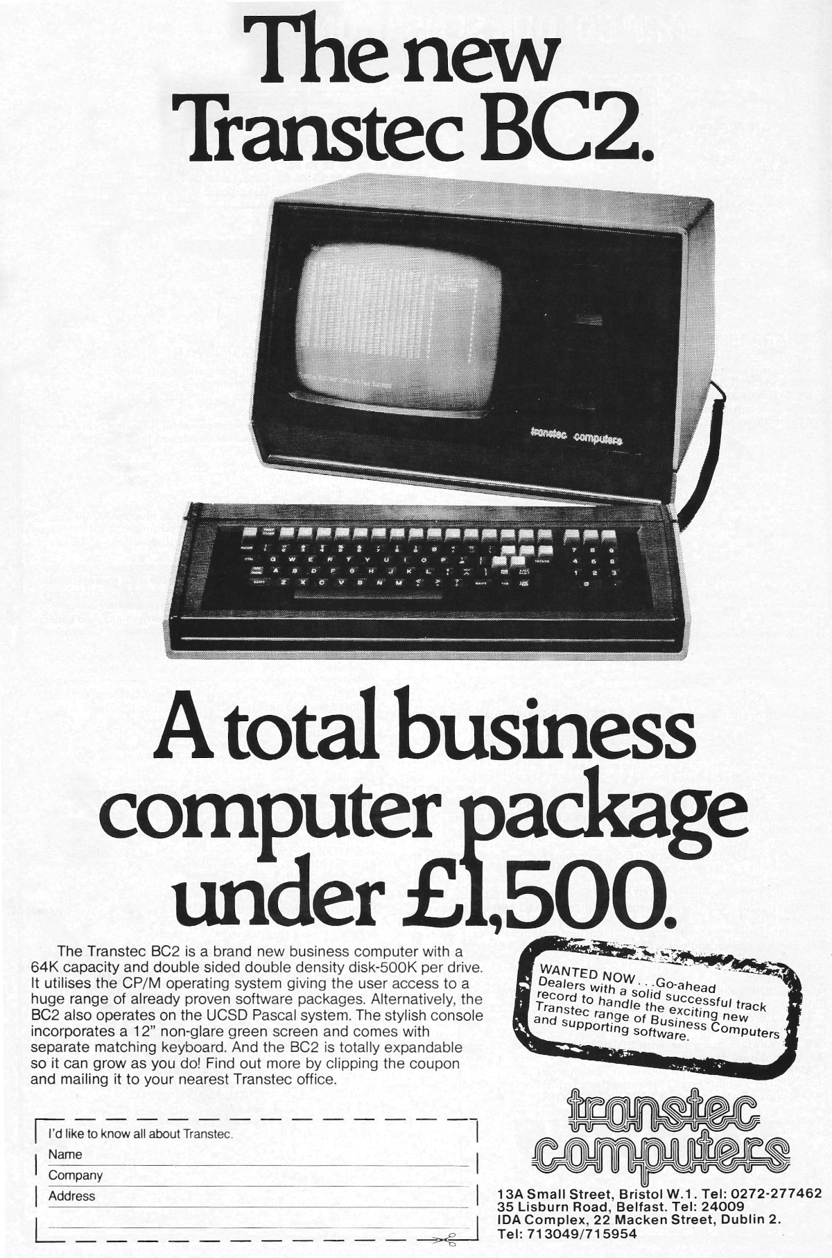 An earlier advert for the BC2, with its different design. From Personal Computer World, July 1982