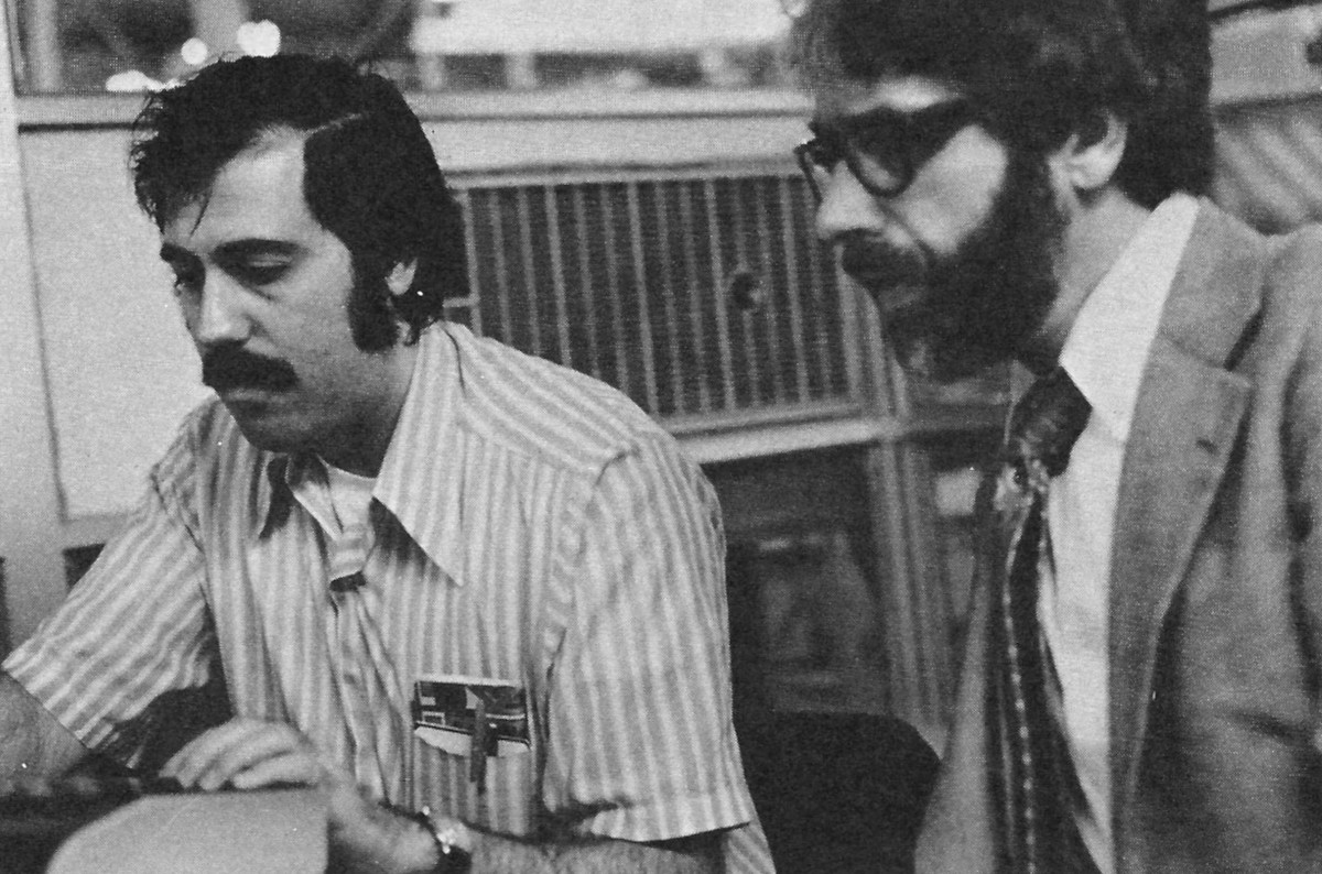 David Slate, of Northwestern University, and David Cahlander of CDC, watch Game 4 on the computer terminal. From Byte, December 1978