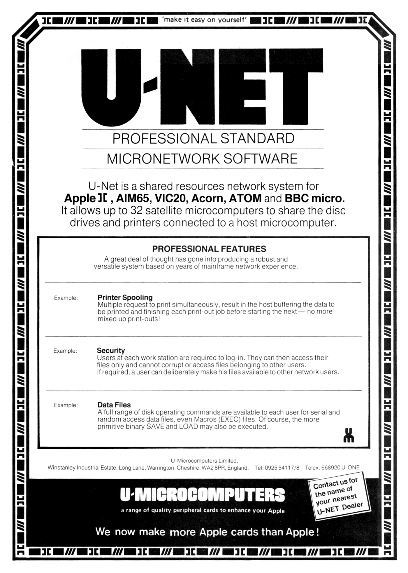 U-Micro Advert: U-Net: Professional-standard micronetwork software, from Practical Computing, September 1982