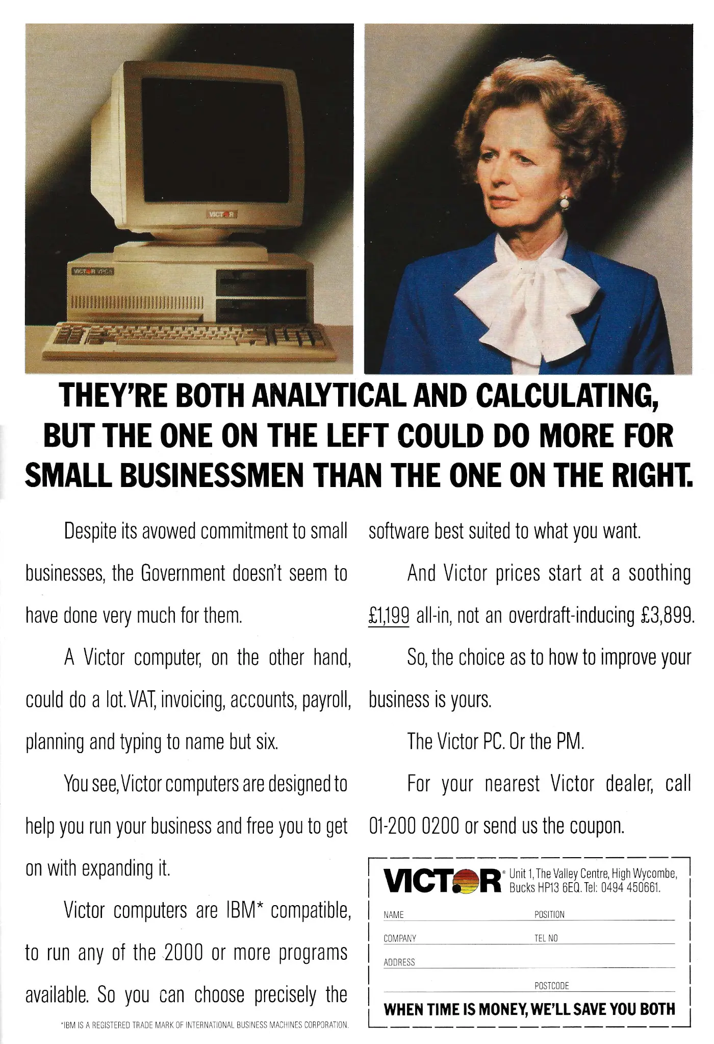 Victor Advert: They're both analytical and calculating, from Personal Computer World, May 1986