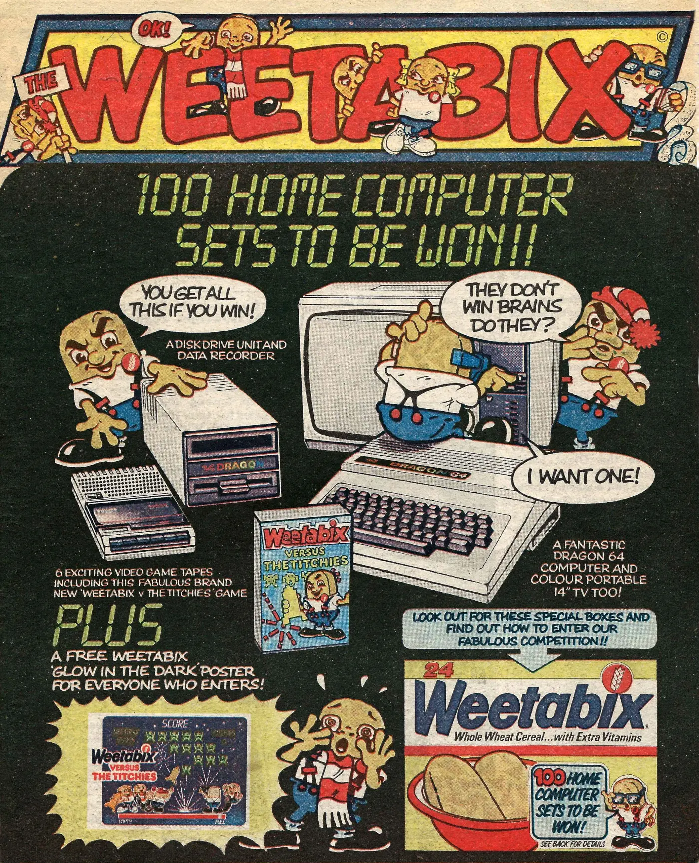 Dragon Data Advert: Weetabix: 100 Dragon Home Computer Sets to be Won!!, from Tiger Comic, April 1984