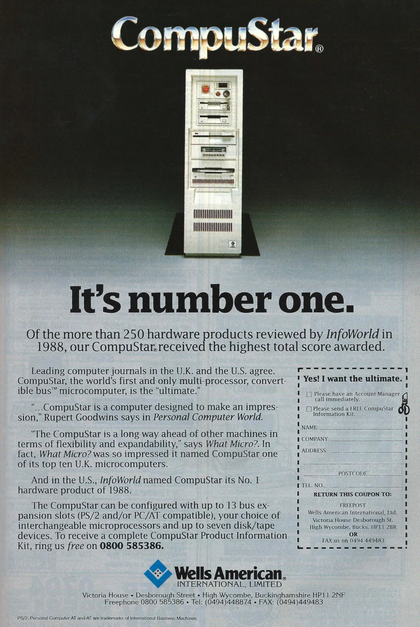 Wells American Advert: CompuStar - it's number one, from Personal Computer World, July 1989