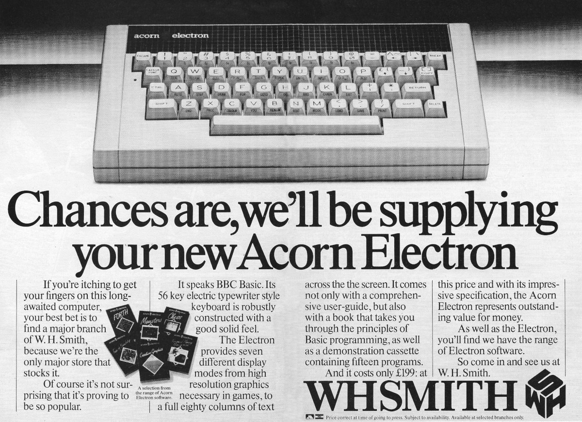WHSmith's advert as the sole High Street retailer for the <span class='hilite'><span class='hilite'>Acorn</span></span> Electron. From Personal Computer News, 10th November 1983