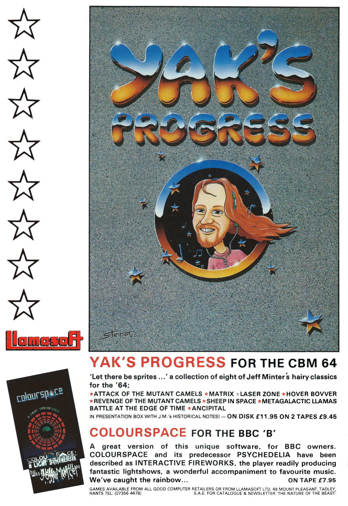 An advert for Yak's Progress - a collection featuring eight of Minter's ruminant-themed games, including Metagalactic Llamas Battle at the Edge of Time, and a version of Colourspace for the BBC Micro. From Commodore Horizons, December 1985