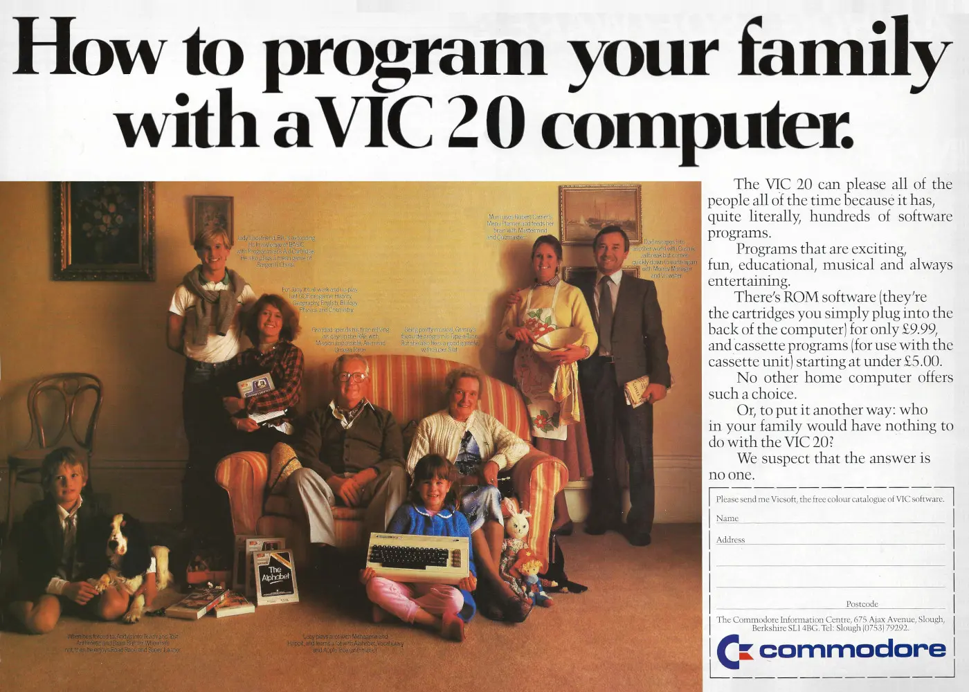 Commodore Advert: How to program your family with a VIC 20 computer, from Your Computer, January 1984