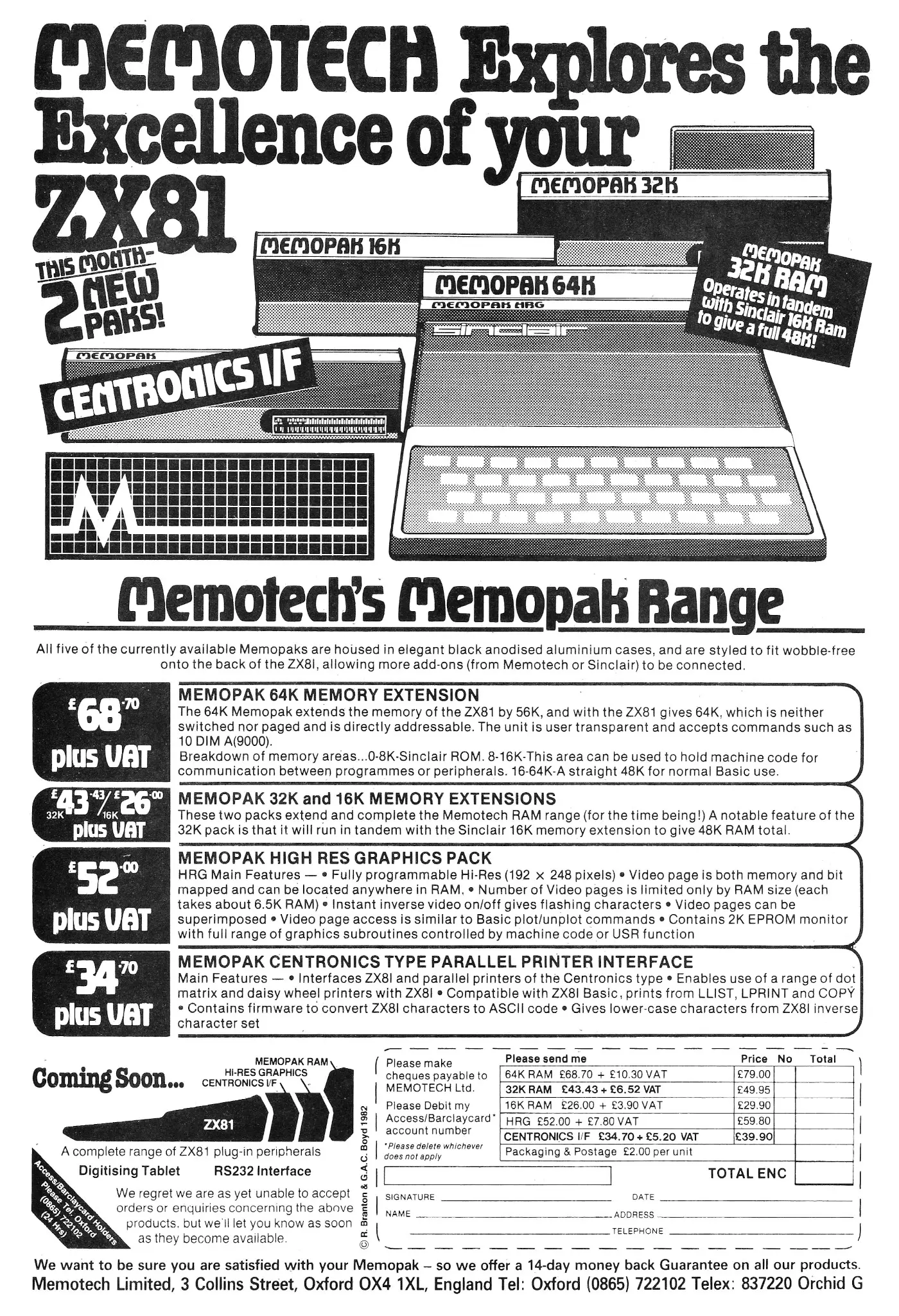 Memotech Advert: Memotech explores the excellence of your ZX81, from Your Computer, August 1982