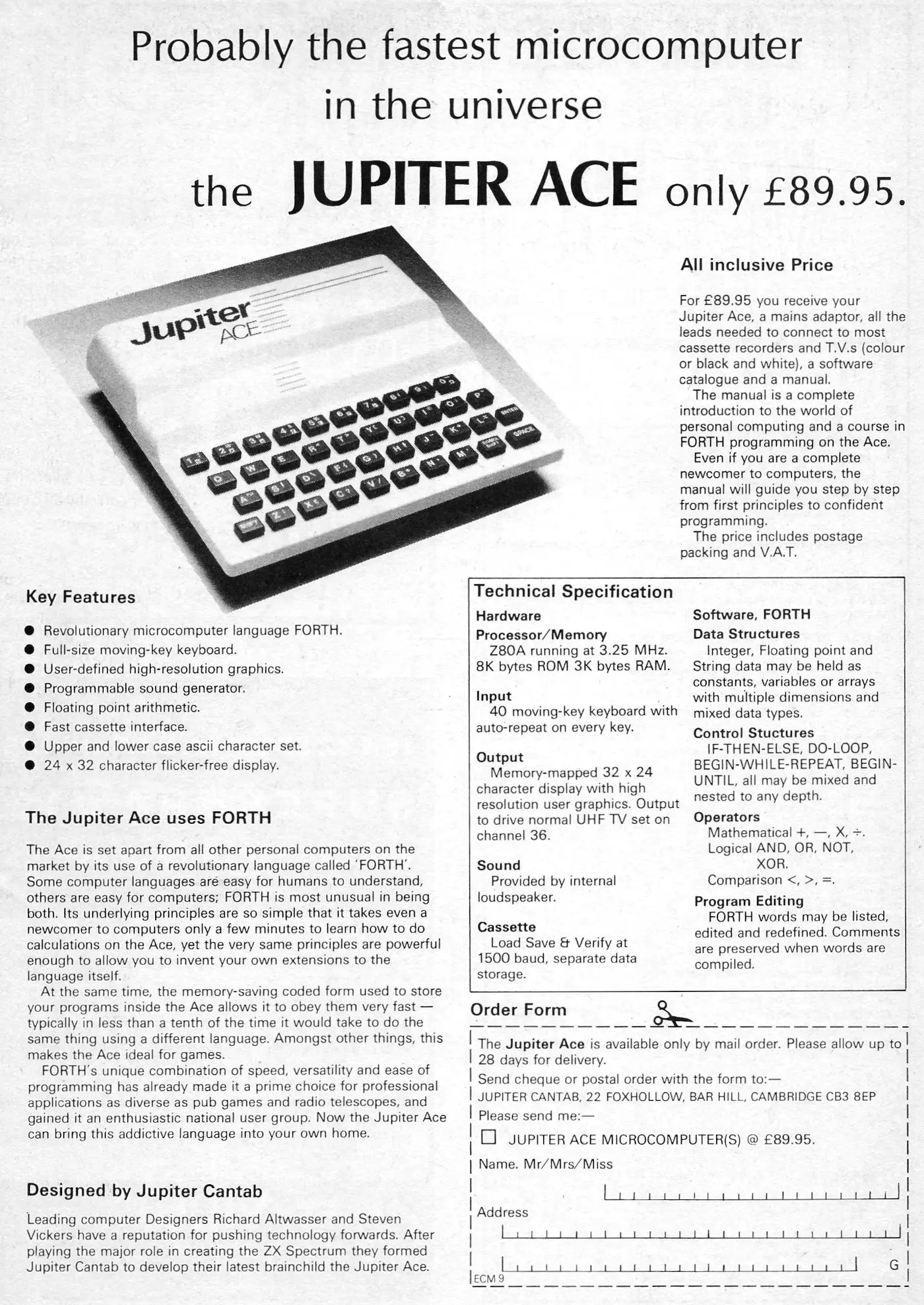 Jupiter Cantab Advert: Probably the fastest computer in the universe - the Jupiter Ace, from Your Computer, September 1982