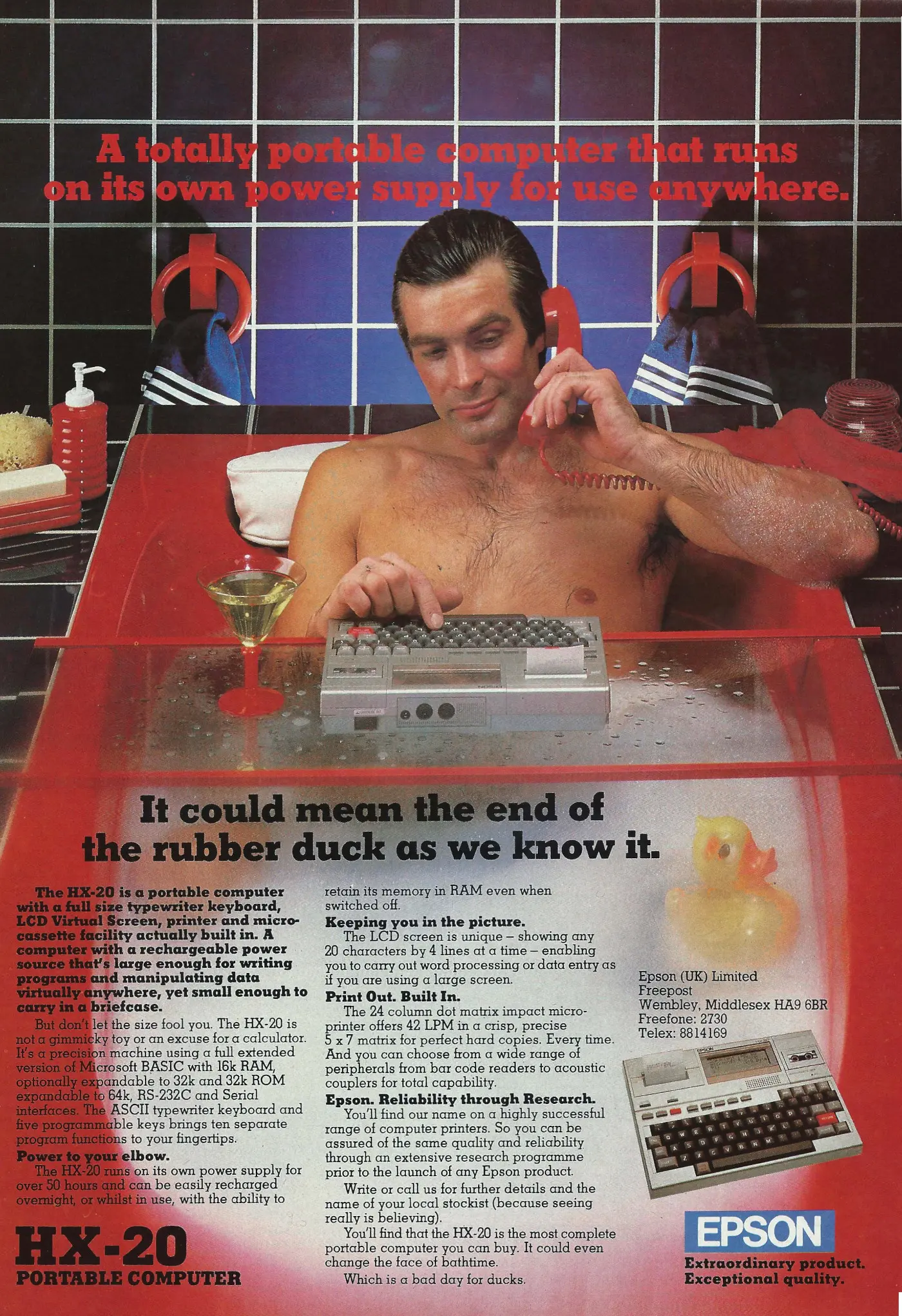 Epson Advert: Epson HX-20: It could mean the end of the rubber duck as we know it, from Your Computer, February 1983