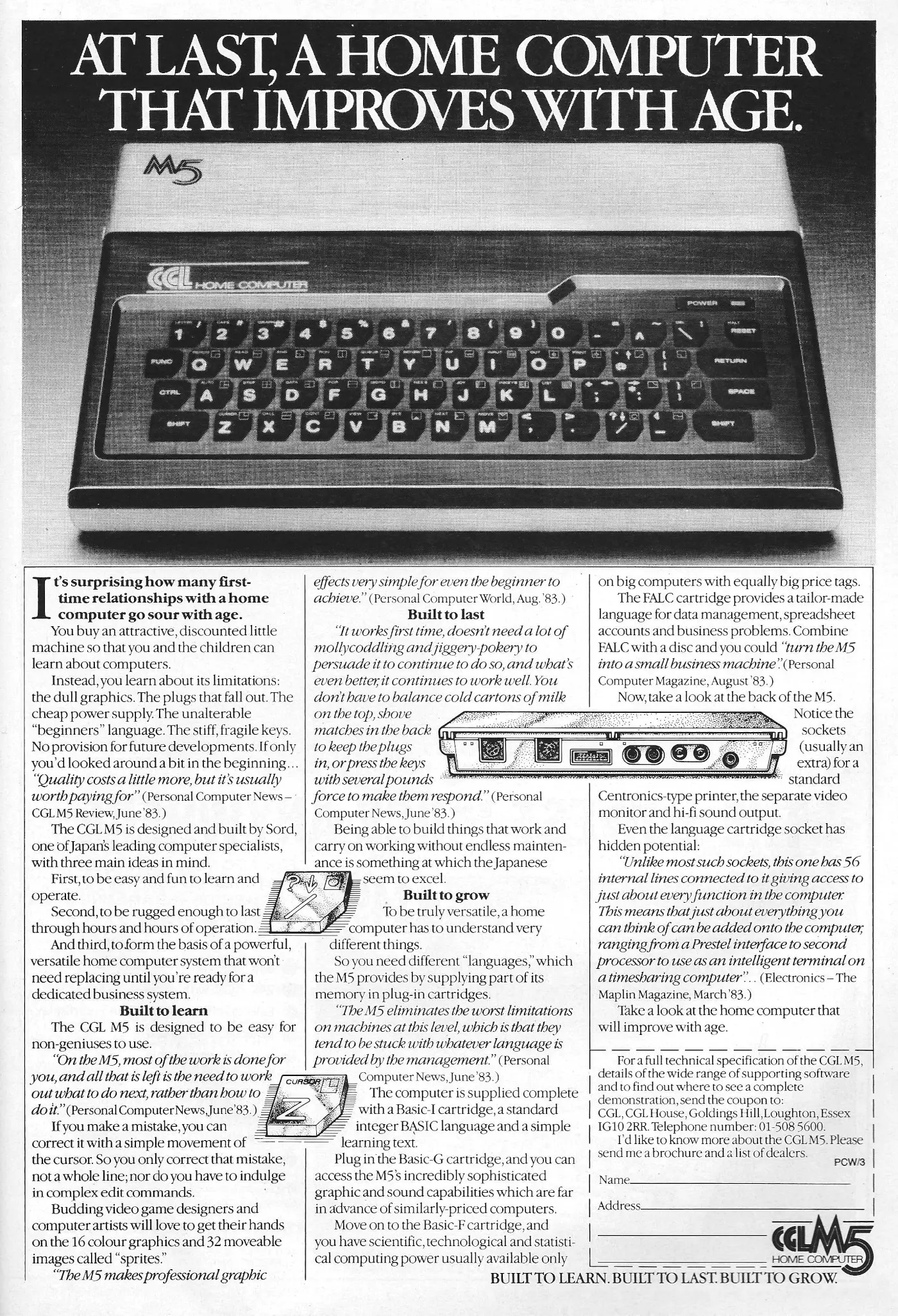 Sord/CGL Advert: Sord M5: At last, a home computer that improves with age, from Your Computer, January 1984