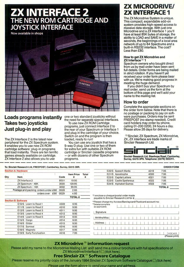 Sinclair Advert: <b>ZX Interface 2 - the new ROM cartridge and joystick interface</b>, from Your Computer, January 1984