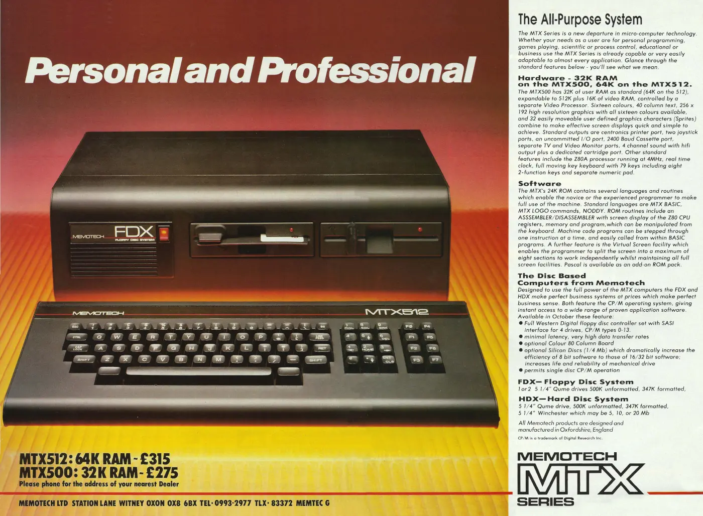 Memotech Advert: Memotech MTX: Personal and Professional, from Your Computer, February 1984