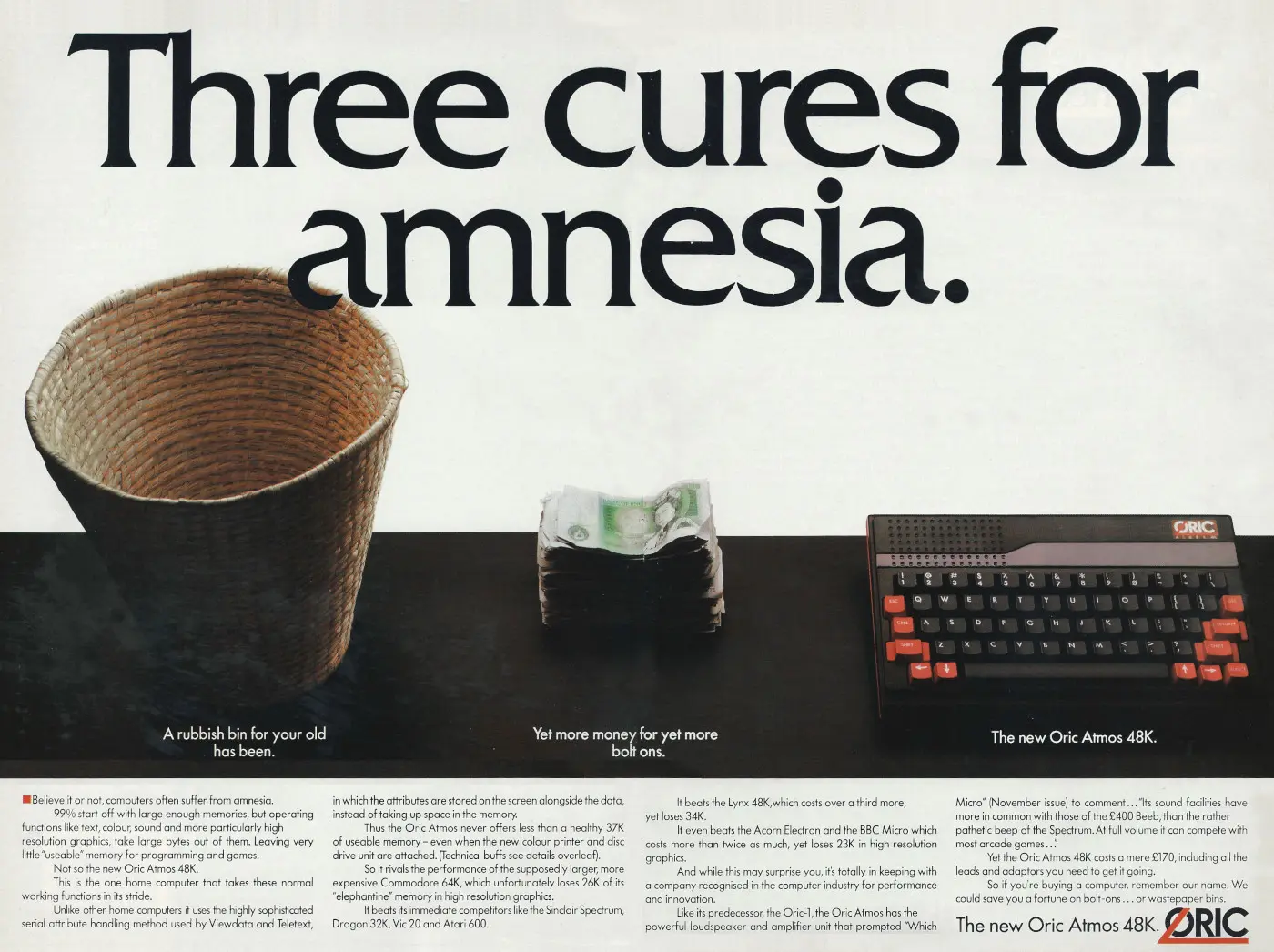 Oric Advert: Three cures for amnesia: The new Oric Atmos 48K, from Your Computer, March 1984