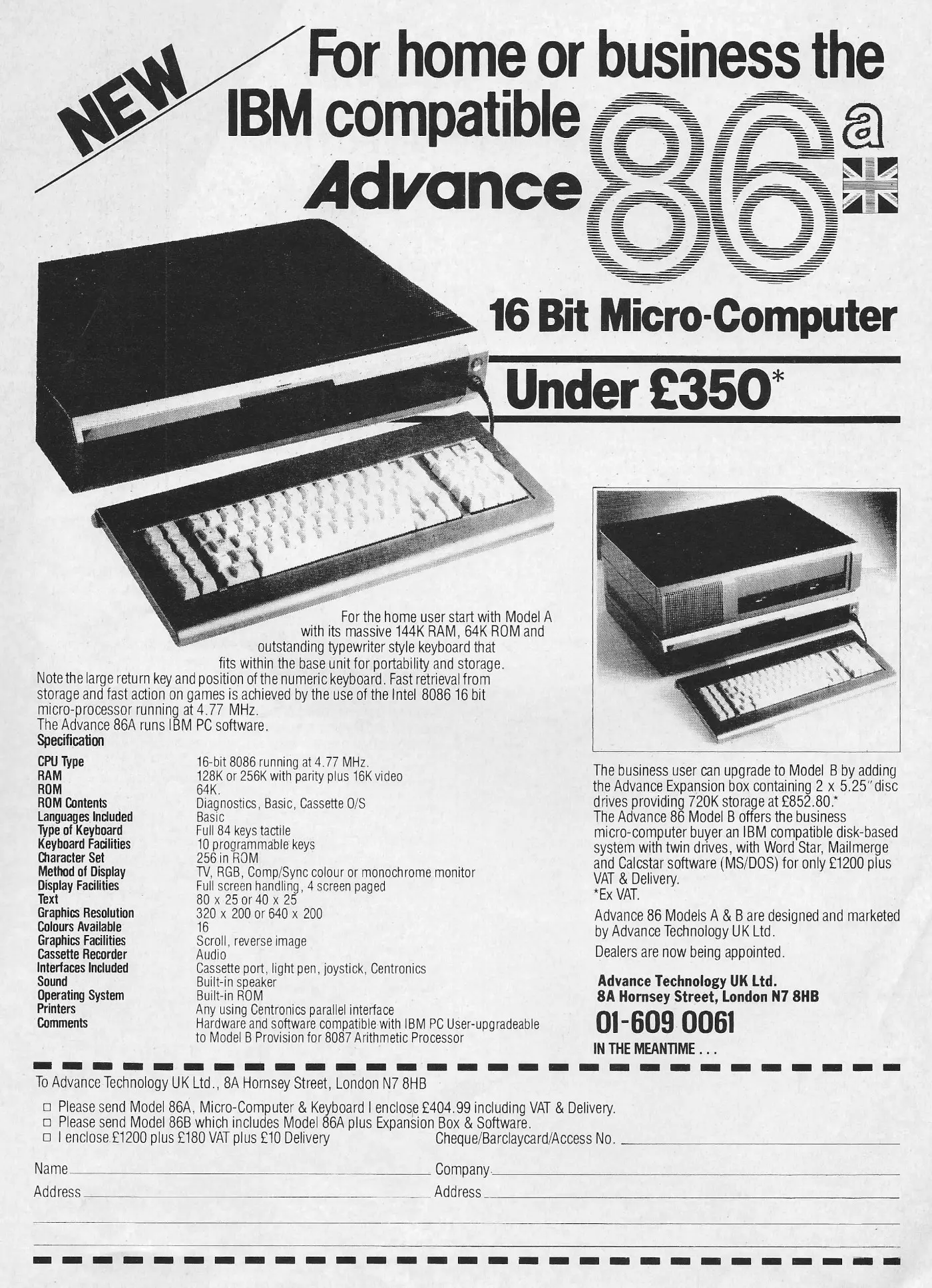 Advance Advert: For home or business the IBM compatible Advance 86a, from Your Computer, May 1984