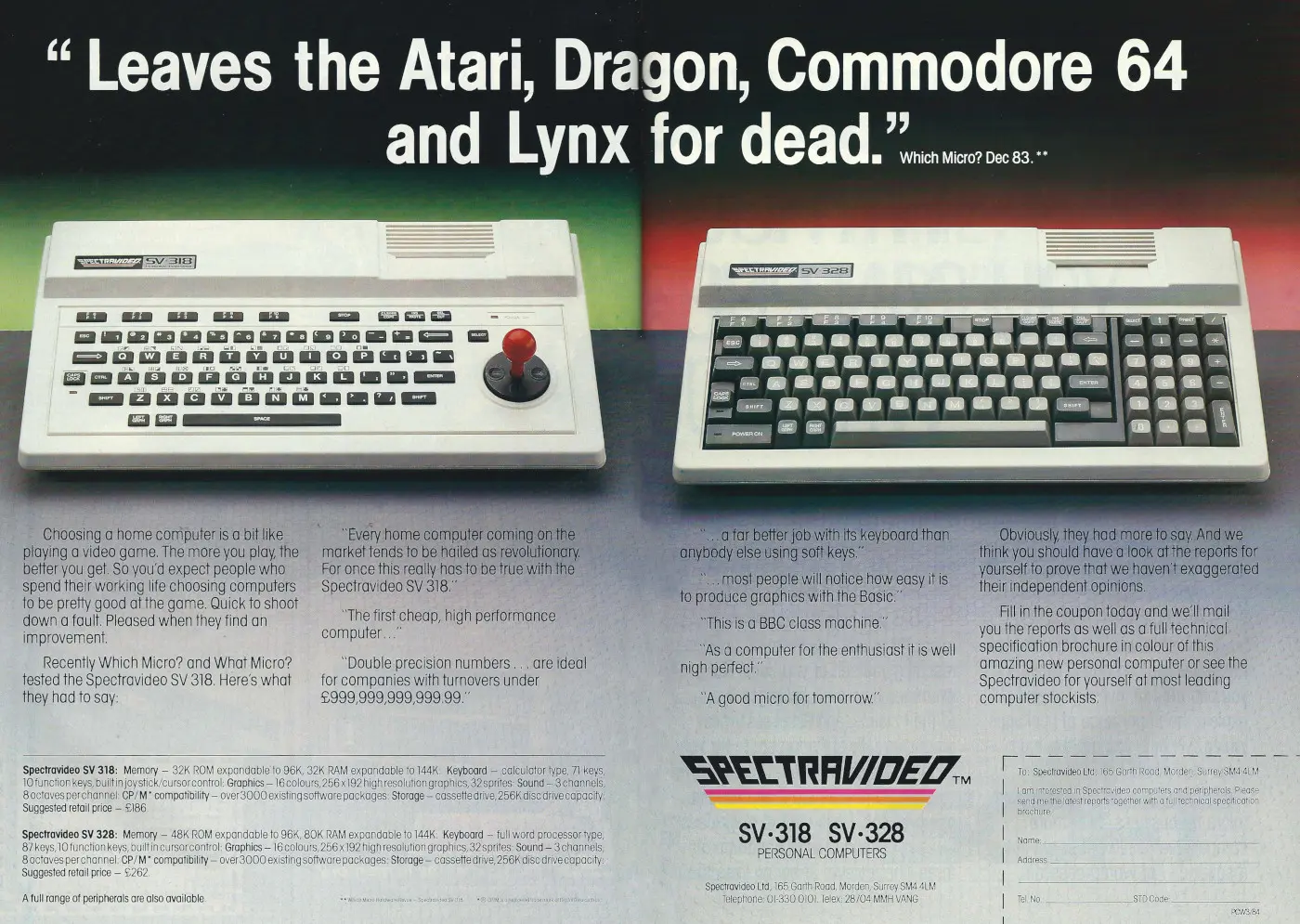 Spectravideo Advert: Spectravideo: Leaves the Atari, Dragon, Commodore 64 and Lynx for dead, from Your Computer, May 1984