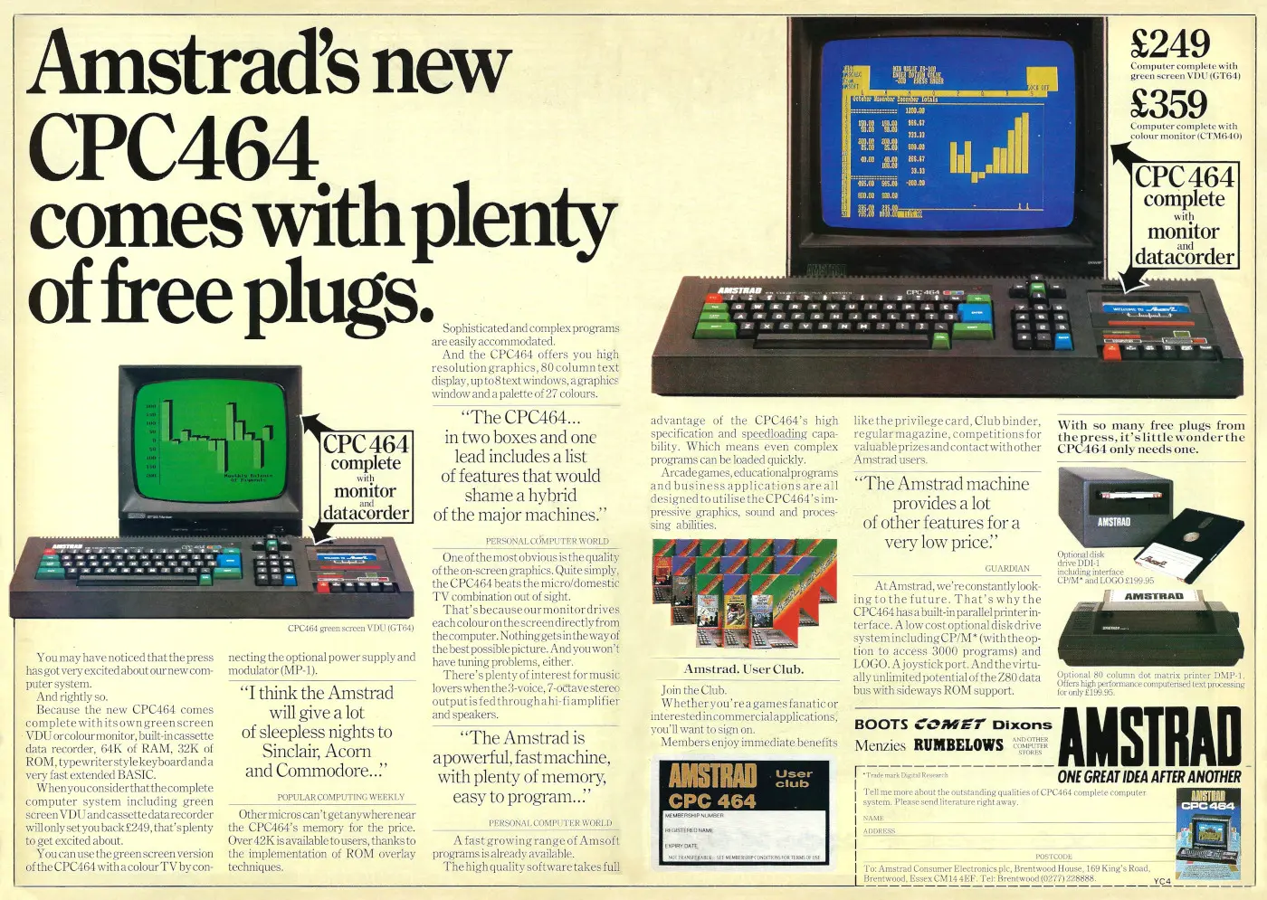 Amstrad Advert: Amstrad's new CPC 464 comes with plenty of free plugs, from Your Computer, December 1984
