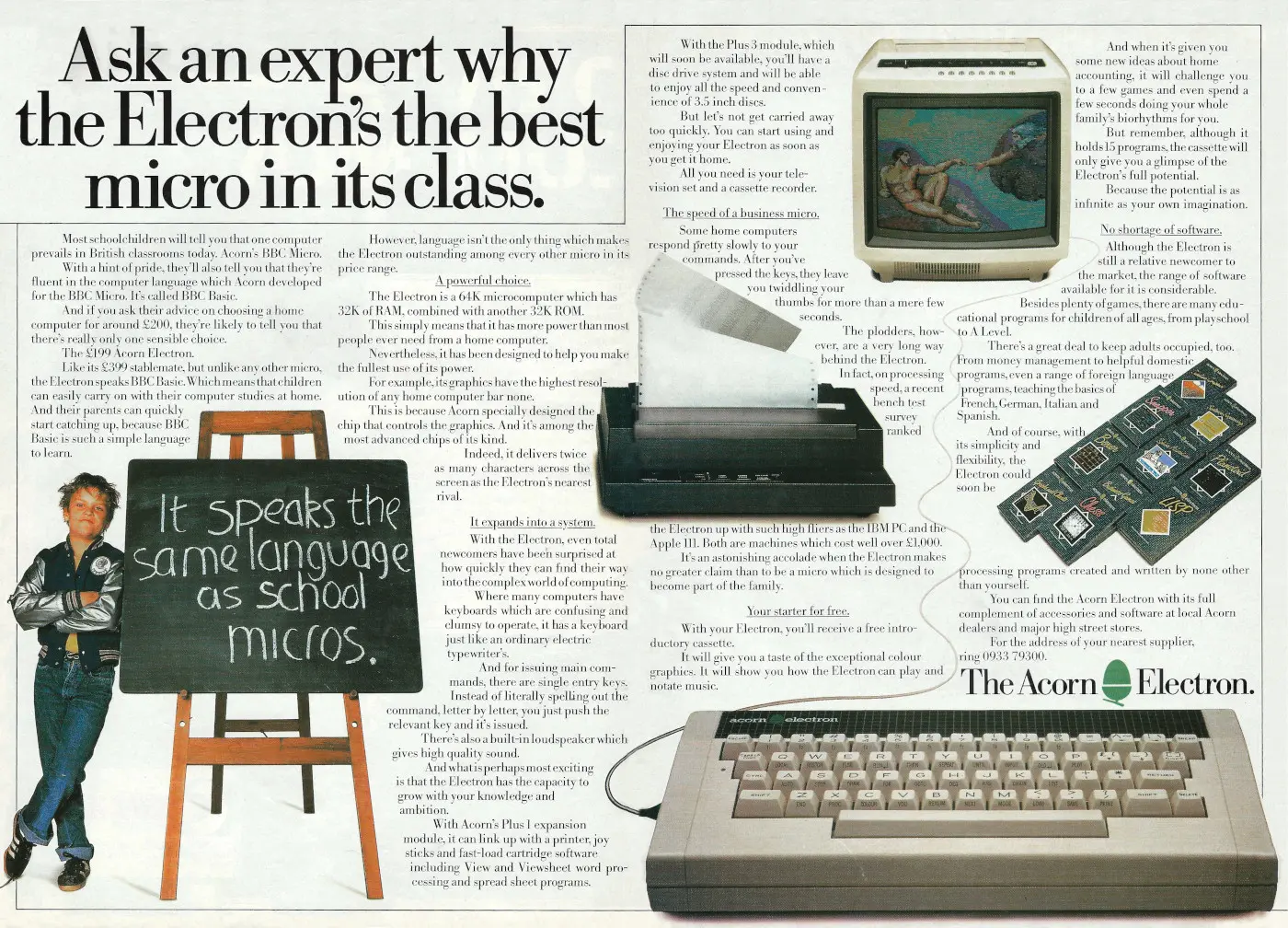 Acorn Advert: Ask an expert why the Electron's the best micro in its class, from Your Computer, February 1985