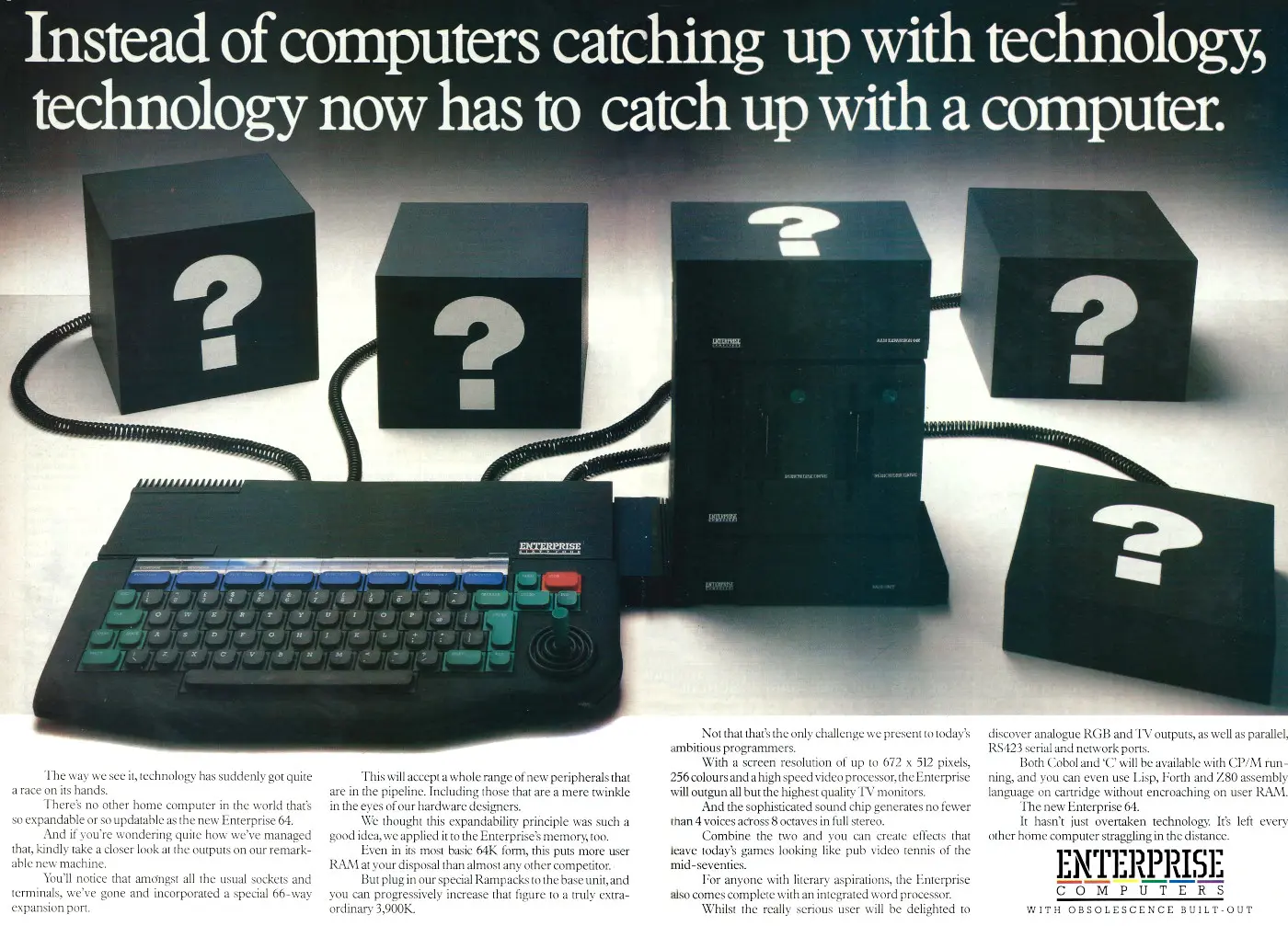 Enterprise/Elan Advert: Instead of computers catching up with technology, technology now has to catch up with a computer, from Your Computer, April 1985