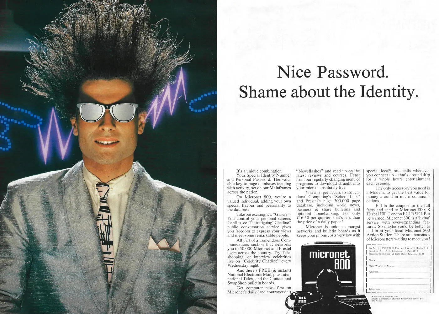Micronet Advert: Micronet 800: Nice password, shame about the identity, from Your Computer, June 1985